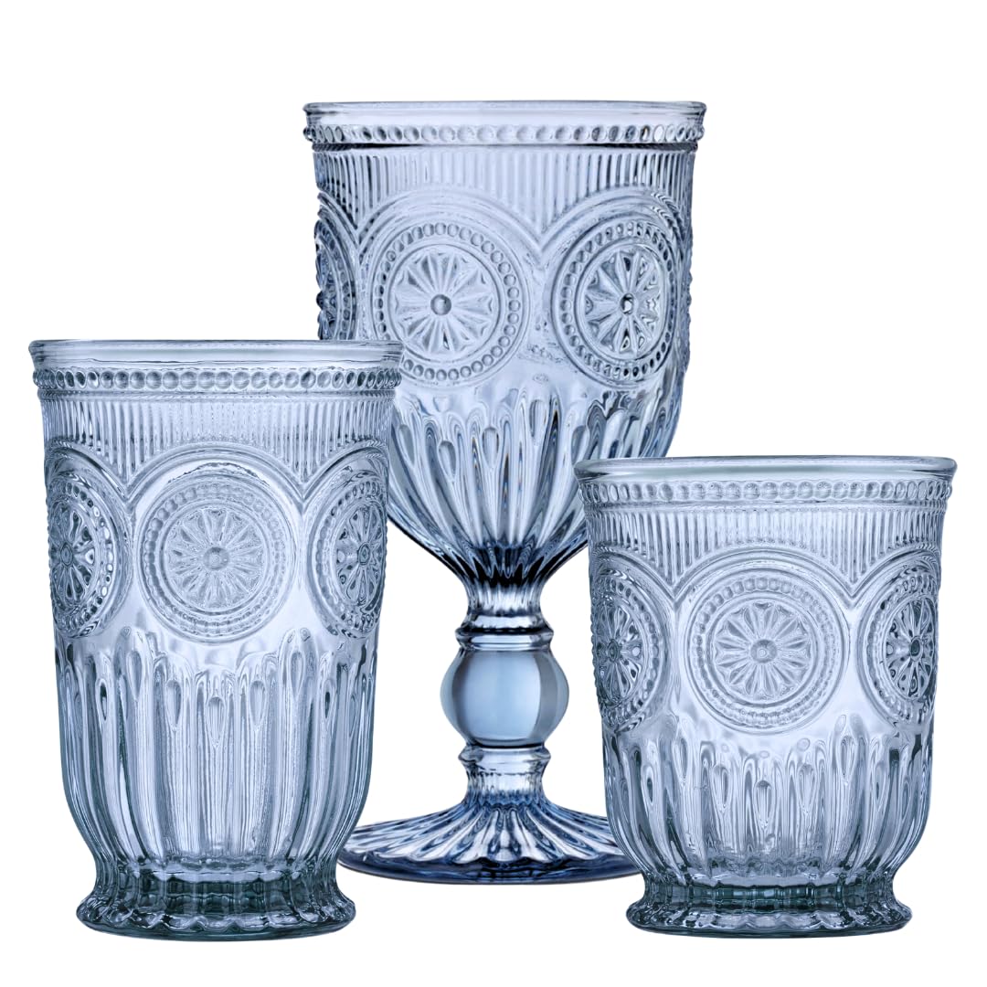 Yungala Blue Glassware Bundle - Wine Glasses Tall Highball Glasses Small Cups - Matching Sets With Sunflower Emboss
