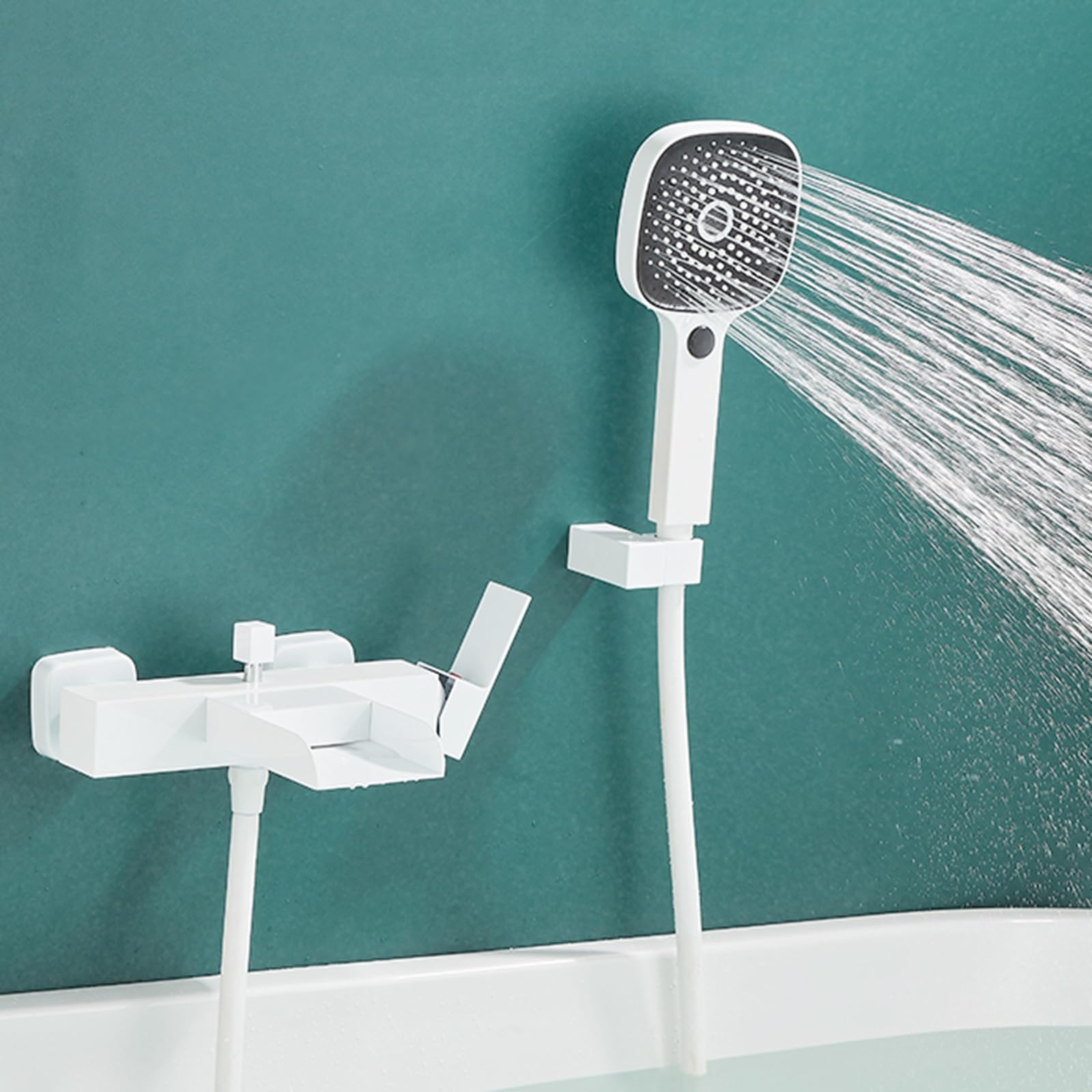 JYBNBBE Wall Mounted Waterfall Bath Taps Hot and Cold Brass Shower Mixer Tap Set for Bath with Handheld Waterfall Bathtub Faucet White