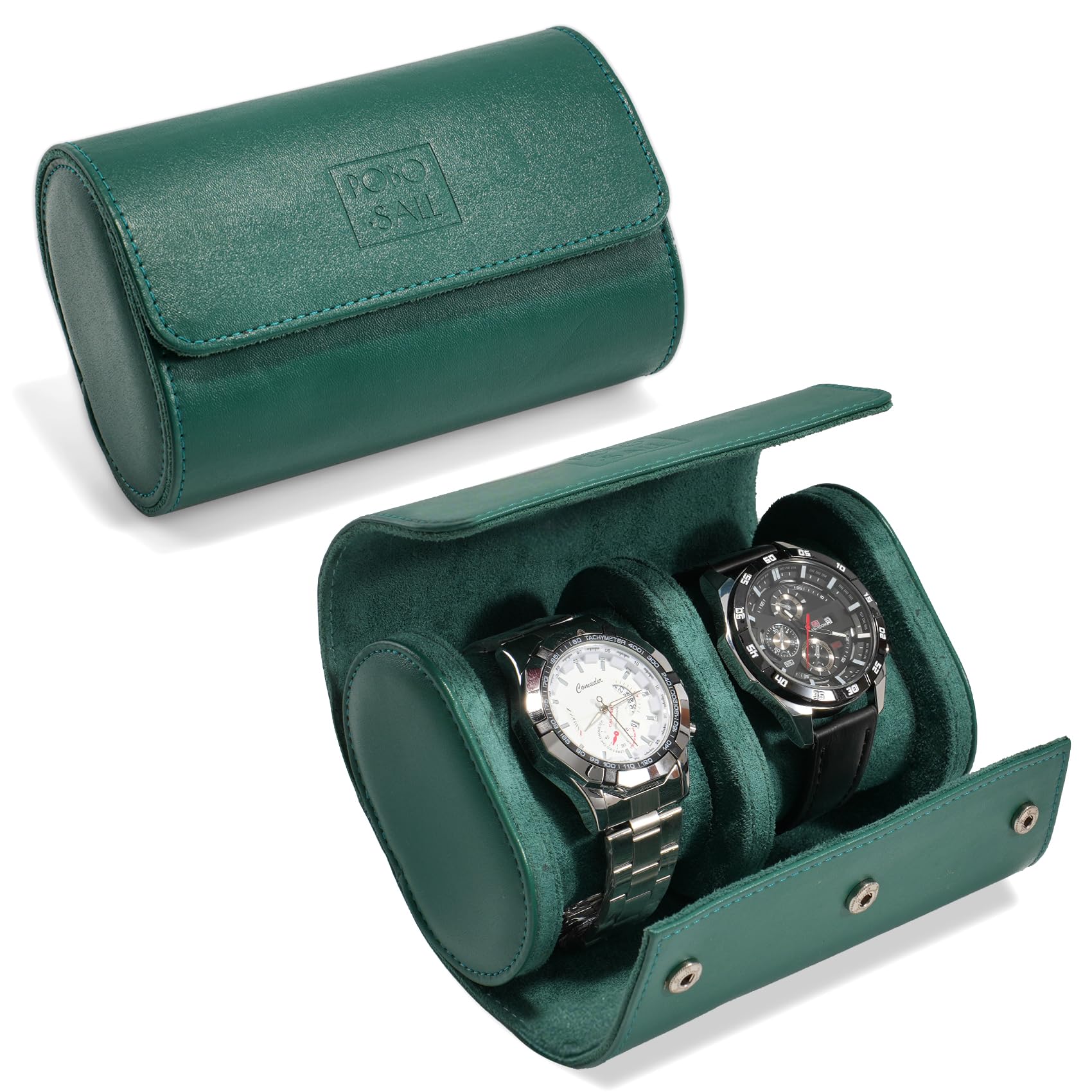 PoBoSall Watch Travel Case for Men Women 2 slot Leather Watch Roll Travel Case Watch Box Storage Organizer and Display Holder for Green 2 Watches