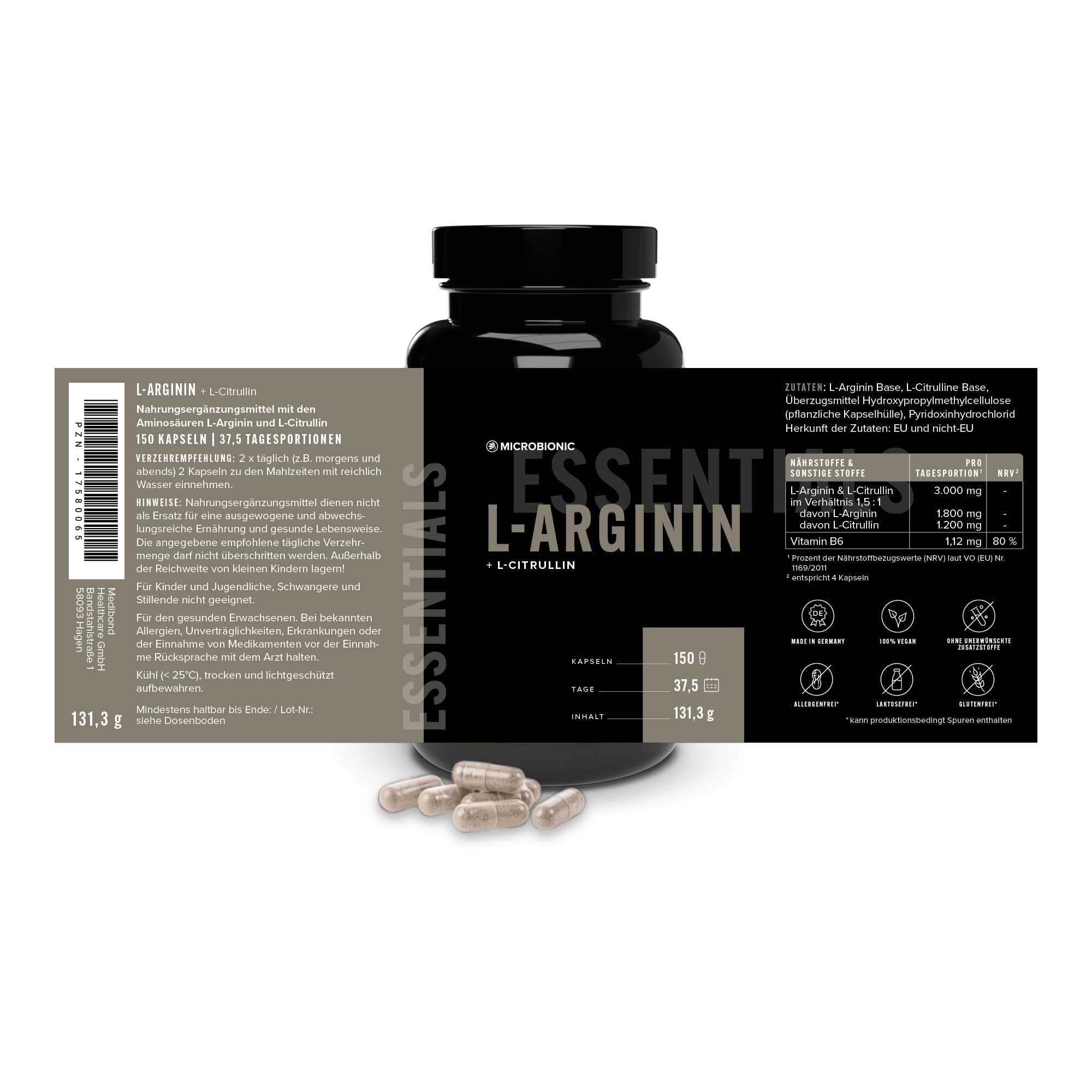 L-Arginin + L-Citrullin 2er Set by MICROBIONIC | 150 Kapseln | hochdosiert: 3000 mg | vegan | laborgeprüft