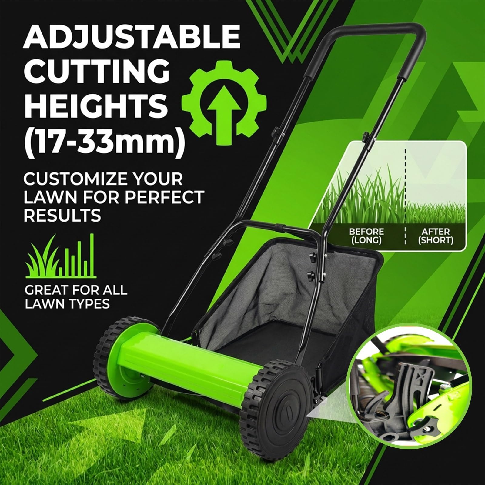 Cortacésped manual con bolsa de recogida de césped, cuchillas de acero al manganeso, altura ajustable de 17 a 33 mm, ideal para jardines pequeños y césped residencial