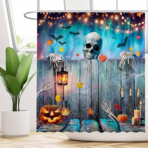 Miniatura 2 de Funnytree Cortina de ducha de madera de terror de calavera de Halloween de 72 x 72 pulgadas para decoración de baño, lavable a máquina (ganchos no