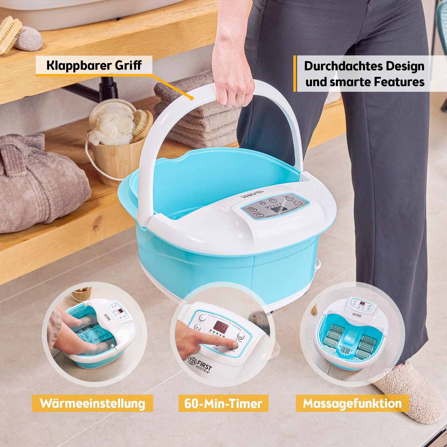 TZS First Austria - Fußsprudelbad Fußmassagegerät 450W mit 3 Programmen & 6 Massagerollen - Fußbad mit Vibrations- & Luftblasenmassage, Infrarot- & Heizfunktion - Elektrische Fußbadewanne mit Timer