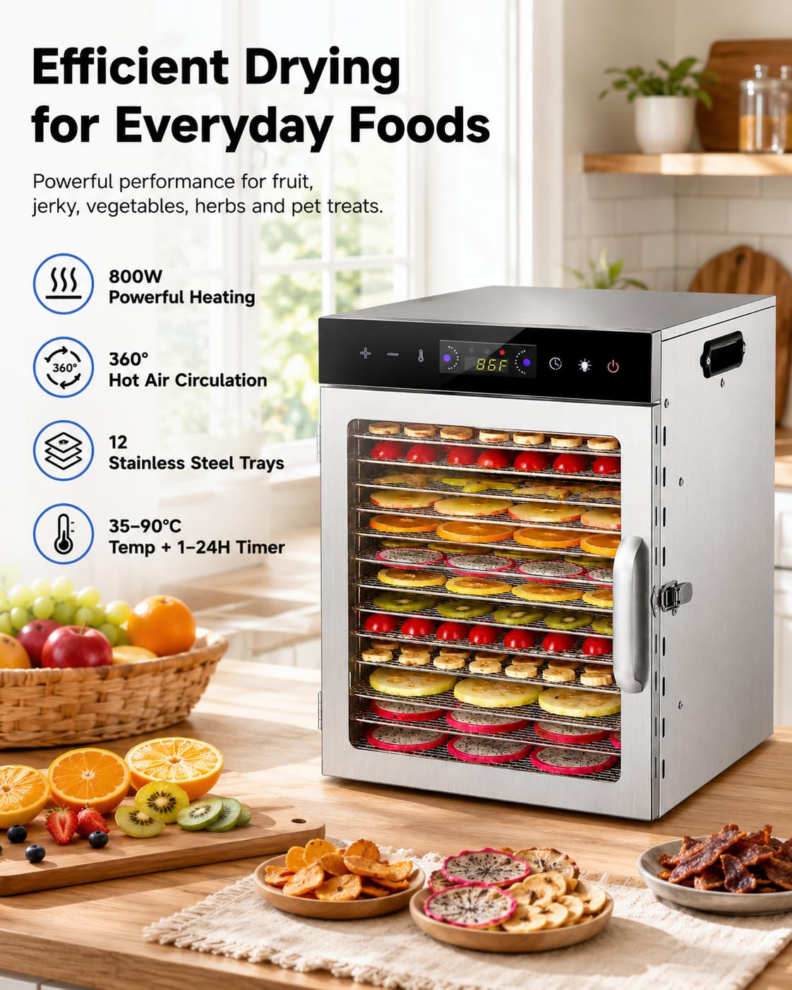 Essiccatore Per Alimenti Con 12 Vassoi In Acciaio Inox E Luce LED