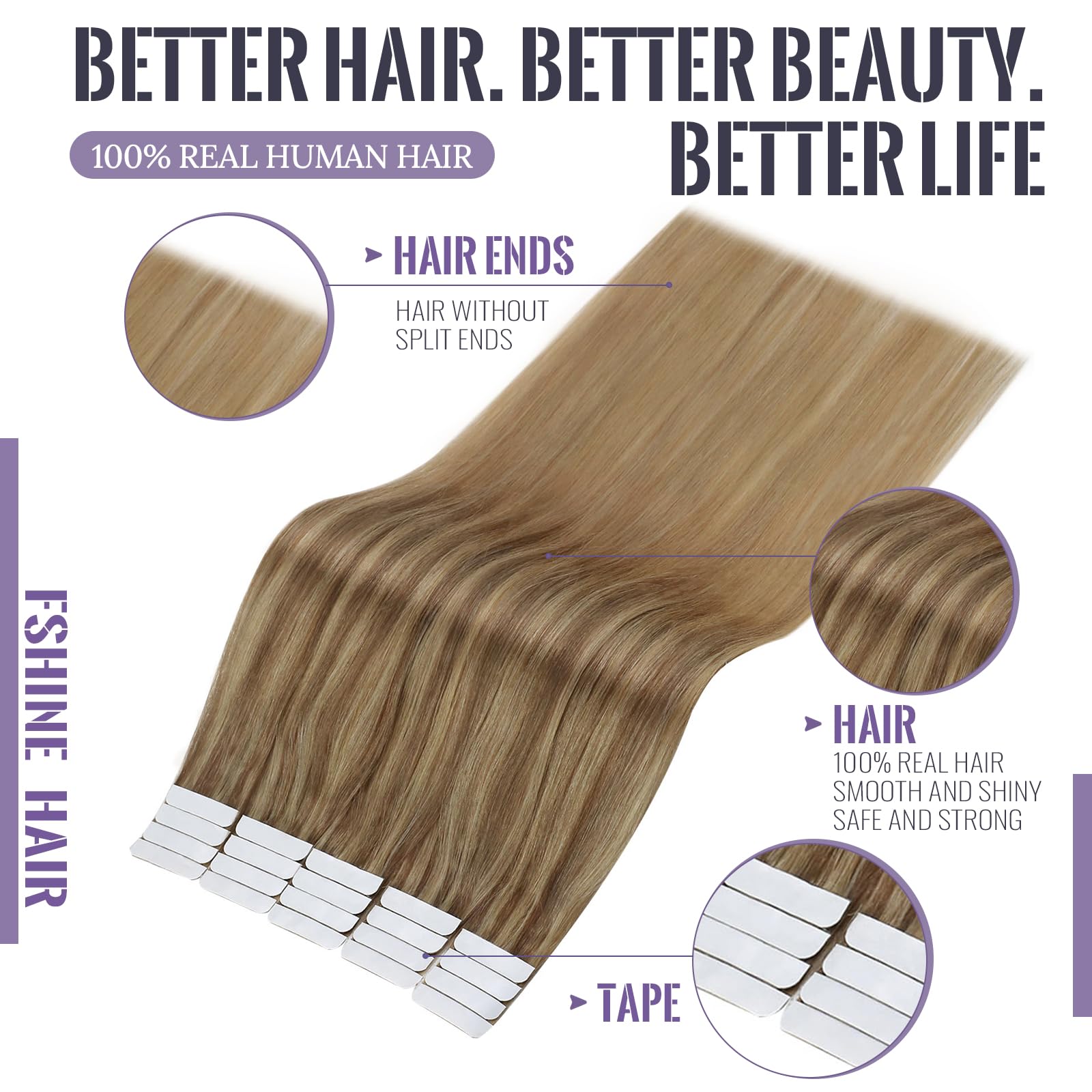 Fshine Biadesivo Capelli Extension Invisibili 50g 50CM Extension Adesive Capelli Veri 20Pcs Extension Remy Biadesive Da Biondo Chiaro A Biondo Cenere Tape in Human Hair Extension 10/16/16