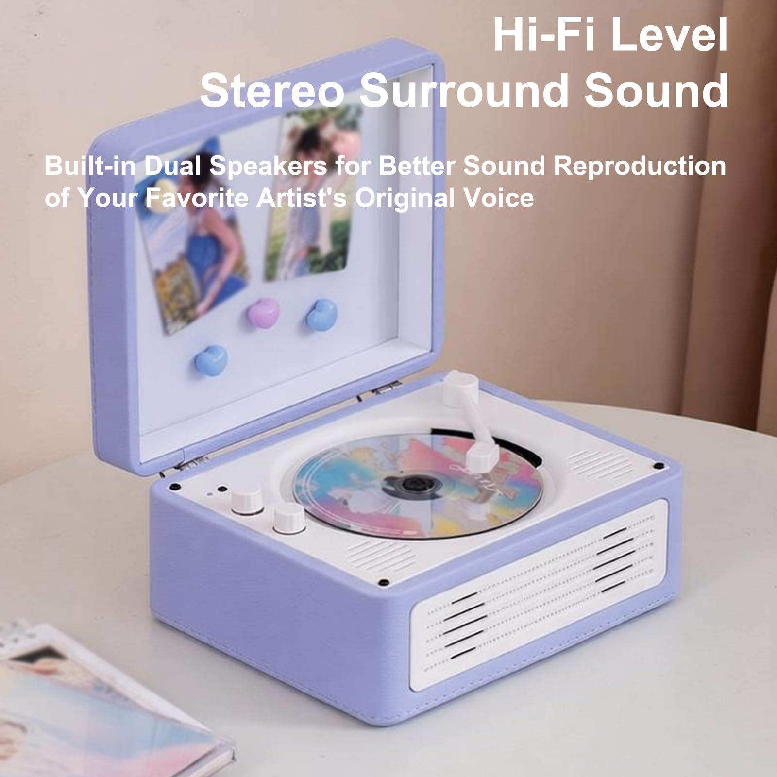 Lettore CD con pannello posteriore magnetico e luce ambientale, doppi altoparlanti integrati, controllo manopola, si collega a cuffie e tablet per la riproduzione di musica