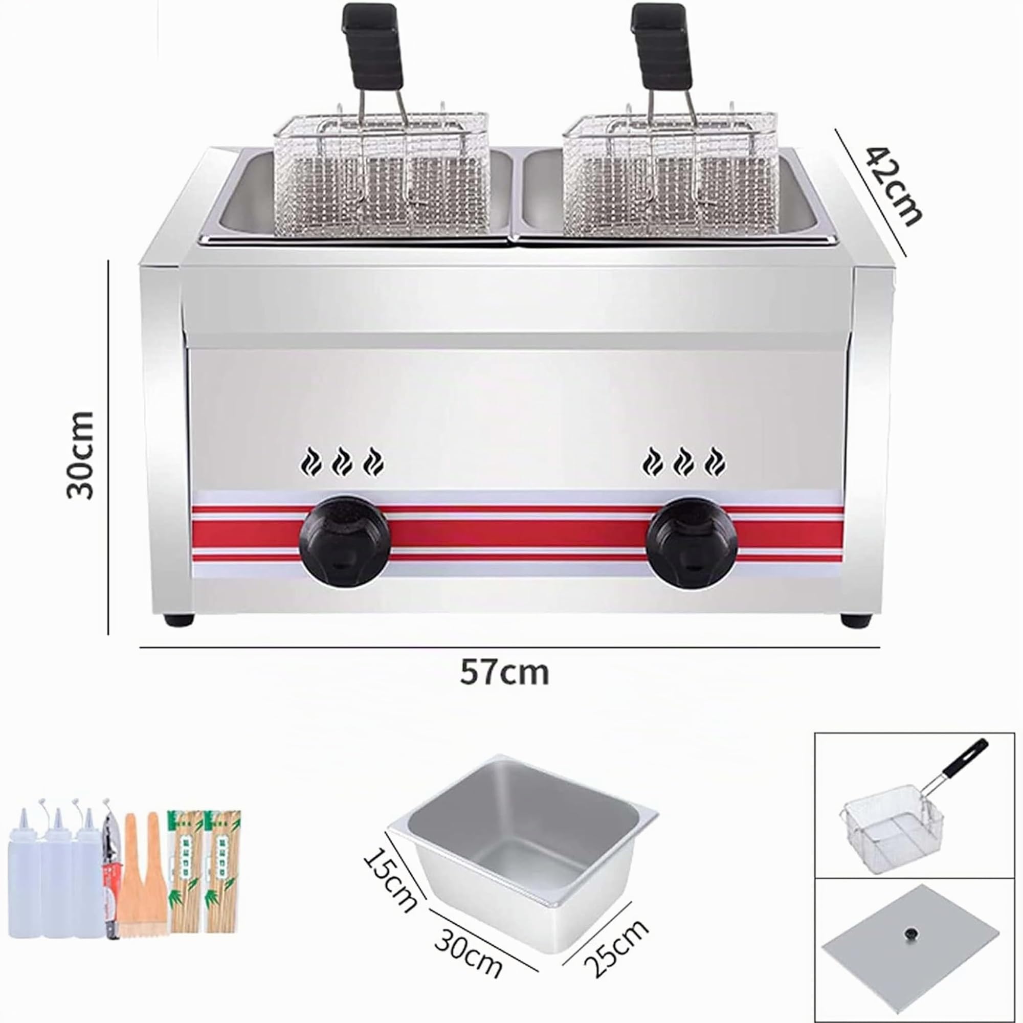 10L/20L/30L Professionnelle Friteuse à Gaz, Deep Fryer Friteuse à Gaz En Acier Inoxydable, Avec Paniers Et Couvercles, Pour Frites Beignets Poisson,Doublecylinder10L+10L