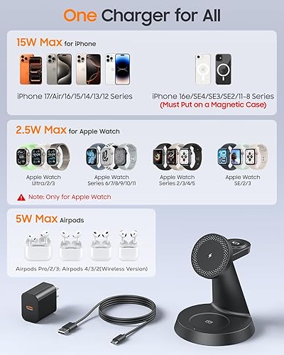 Miniatura 3 de Estación de carga magnética 3 en 1 para dispositivos Apple, cargador inalámbrico rápido de 15 W compatible con base de carga MagSafe para iPhone 17,