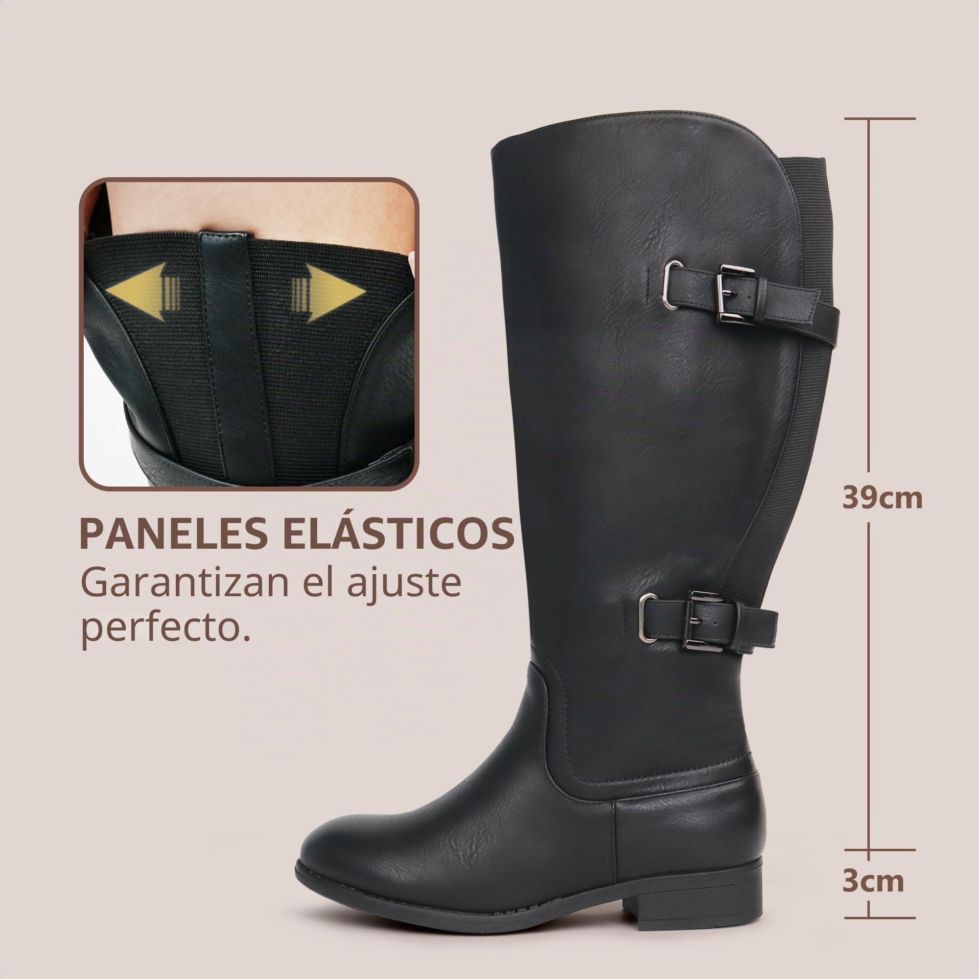 Botas clásicas de caña ancha con tacón plano y doble hebilla trasera elásticas para mujer