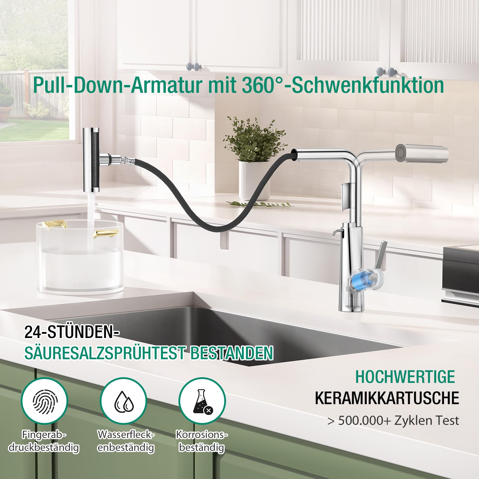 CREA Wasserfall Wasserhahn Küche Ausziehbar,Mischbatterie mit Seifenspender | 360° Drehbar Edelstahl Küchenarmatur mit 4 Strahlarten Brause,Einhebel küchenwasserhahn mit Seifenspender,Gebürstet