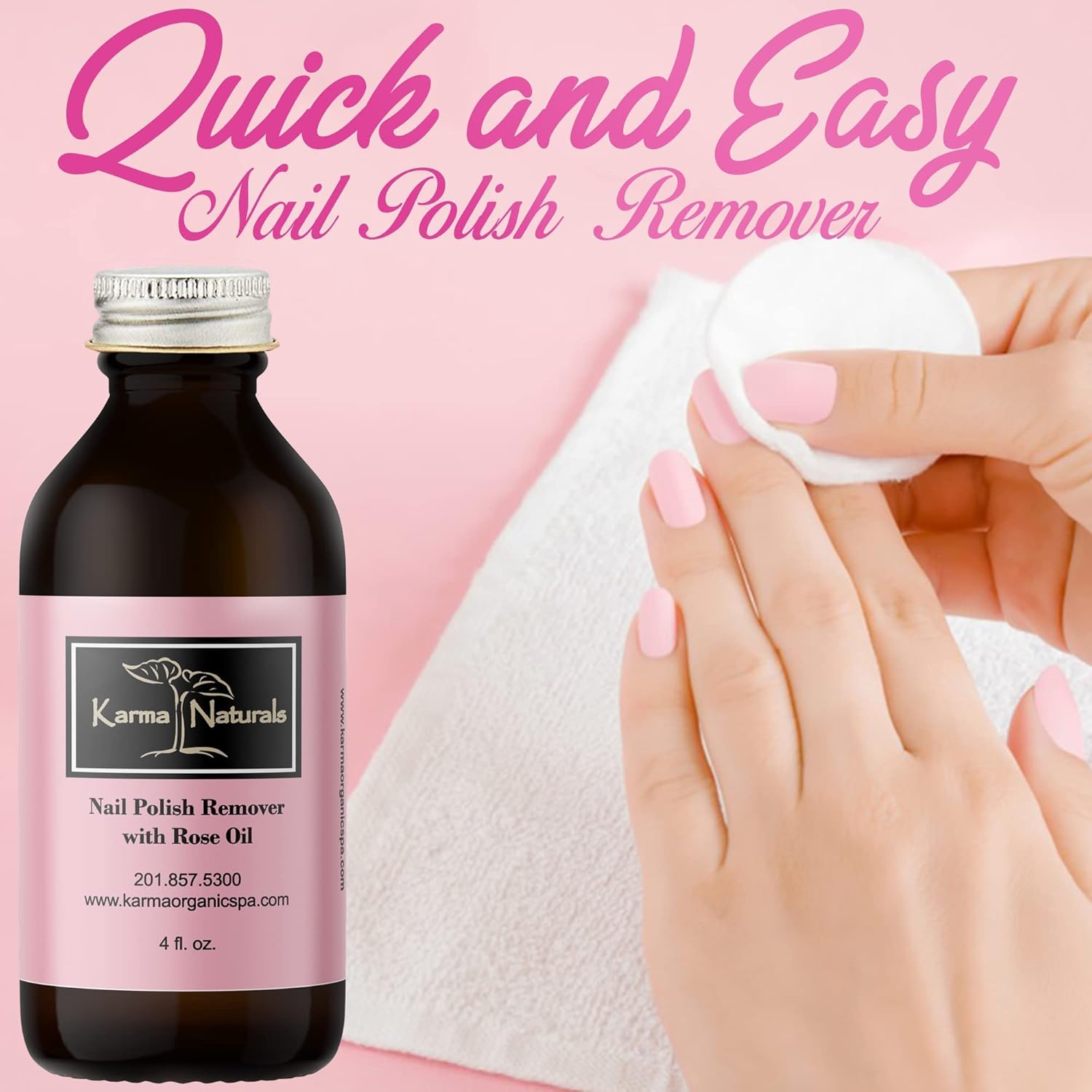 Natural Nail Polish Remover with Rose Oil and Soybean Lavender - Non Toxic, Vegan, Cruelty Free, Acetone free – Nails Strengthener for Fingernails – 4 fl. Oz