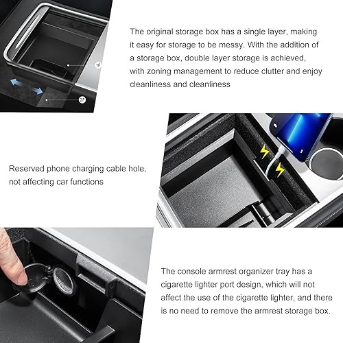 Miniatura 6 de Xotic Tech - Bandeja organizadora de consola central interior, reposabrazos negro, capa de ABS, caja de almacenamiento con cajones ocultos +