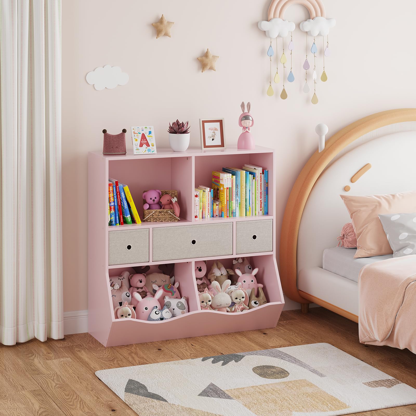 Garvee Vielseitiges Kinder Bücherregal & Spielzeugregal – Mehrere Ablagen, 7 Fächer, 2 Bücherfächer, 3 herausnehmbare Schubladen – Aufbewahrungsschrank für Kinderzimmer, Spielzimmer, Flur,