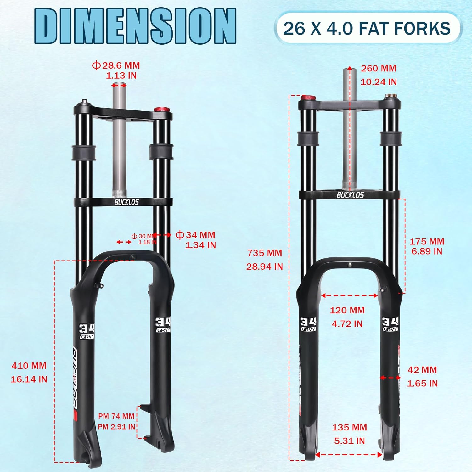 BUCKLOS 20/26 inch 4.0 Fat Tire Bike Suspension Fork, 180mm Travel 135mm Spacing Hub 9mm QR Ebike Oil MTB Fat Fork, Double Crown 1-1/8 Straight Electric Bicycle Front Fork, Snow Beach Mountain Bike