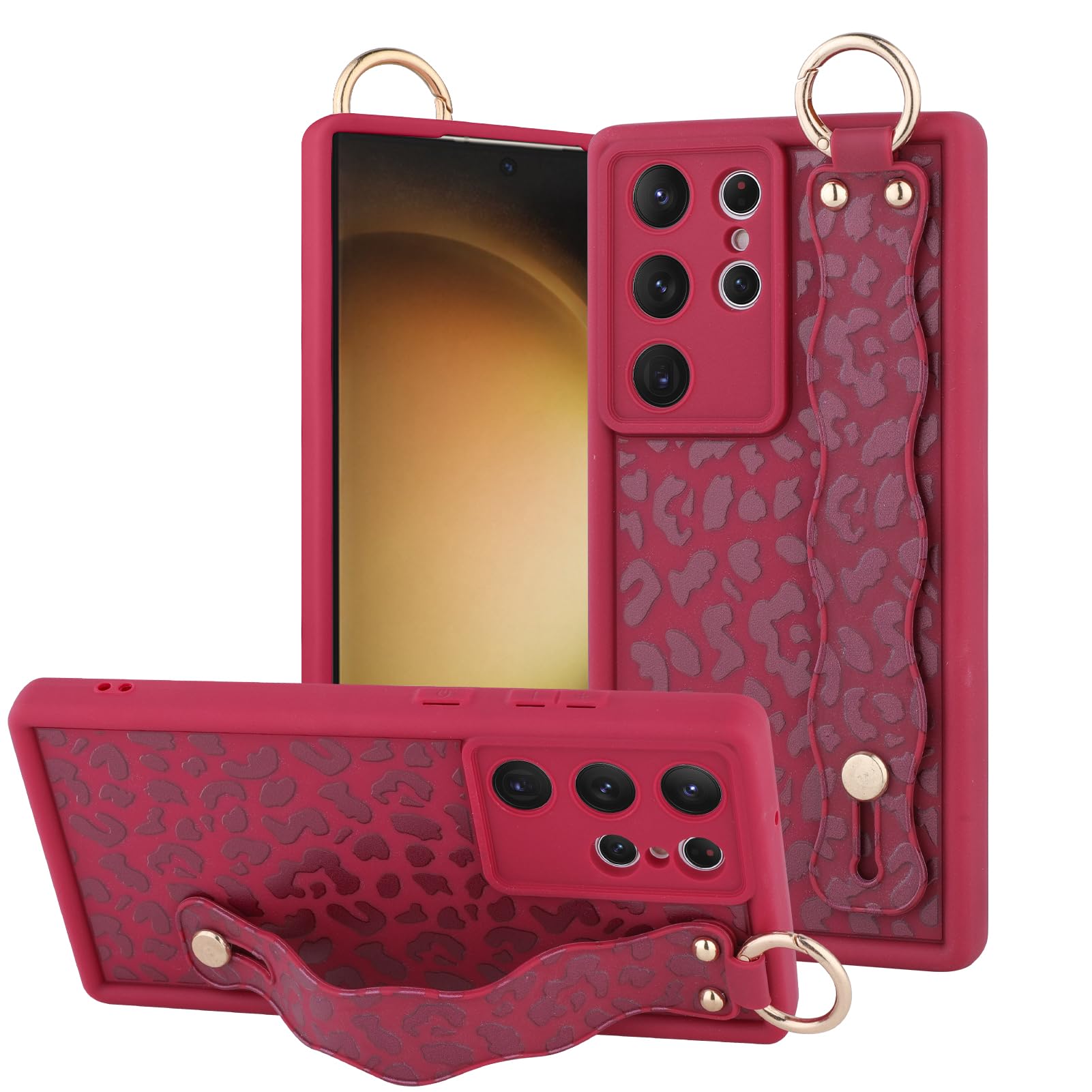 OOK Compatible with Samsung Galaxy S23 Ultra Leopard Case with Wrist Strap, Wine Red Leopard TPU Shockproof Protection Slim Cover with Camera