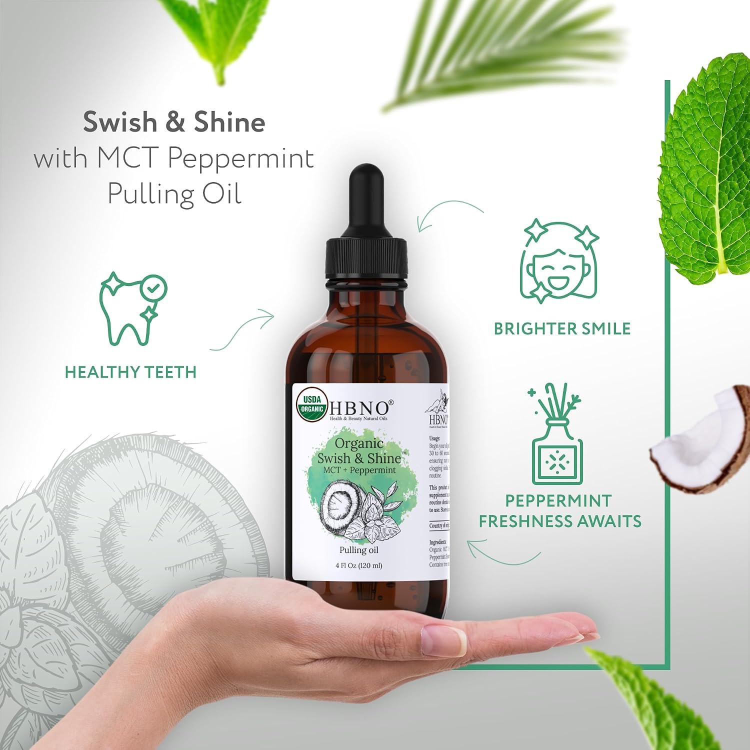 HBNO Organic MCT Oil Pulling Peppermint - Huge 4 oz (120ml) Value Size - Ideal for Everyday use as a Mouth freshener