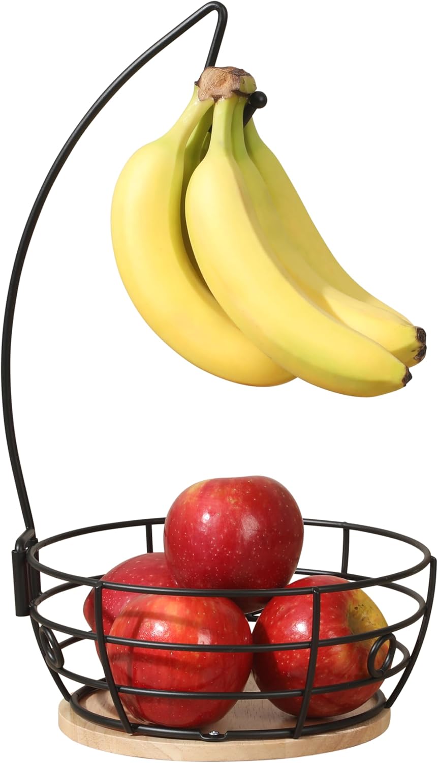 Gibson Home Harvest Season Fruit Basket Bowl with Banana Hanger – Black Metal Wire & Rubberwood Base – Countertop Produce Stand for Apples, Bananas, Oranges – Kitchen Storage Organizer