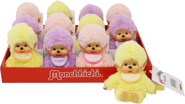 Sekiguchi 201495-Monchhichi Original, Assorted Yellow, Purple and Pink, Plush Animal Approximately 15 cm, 201495 (1 Count)