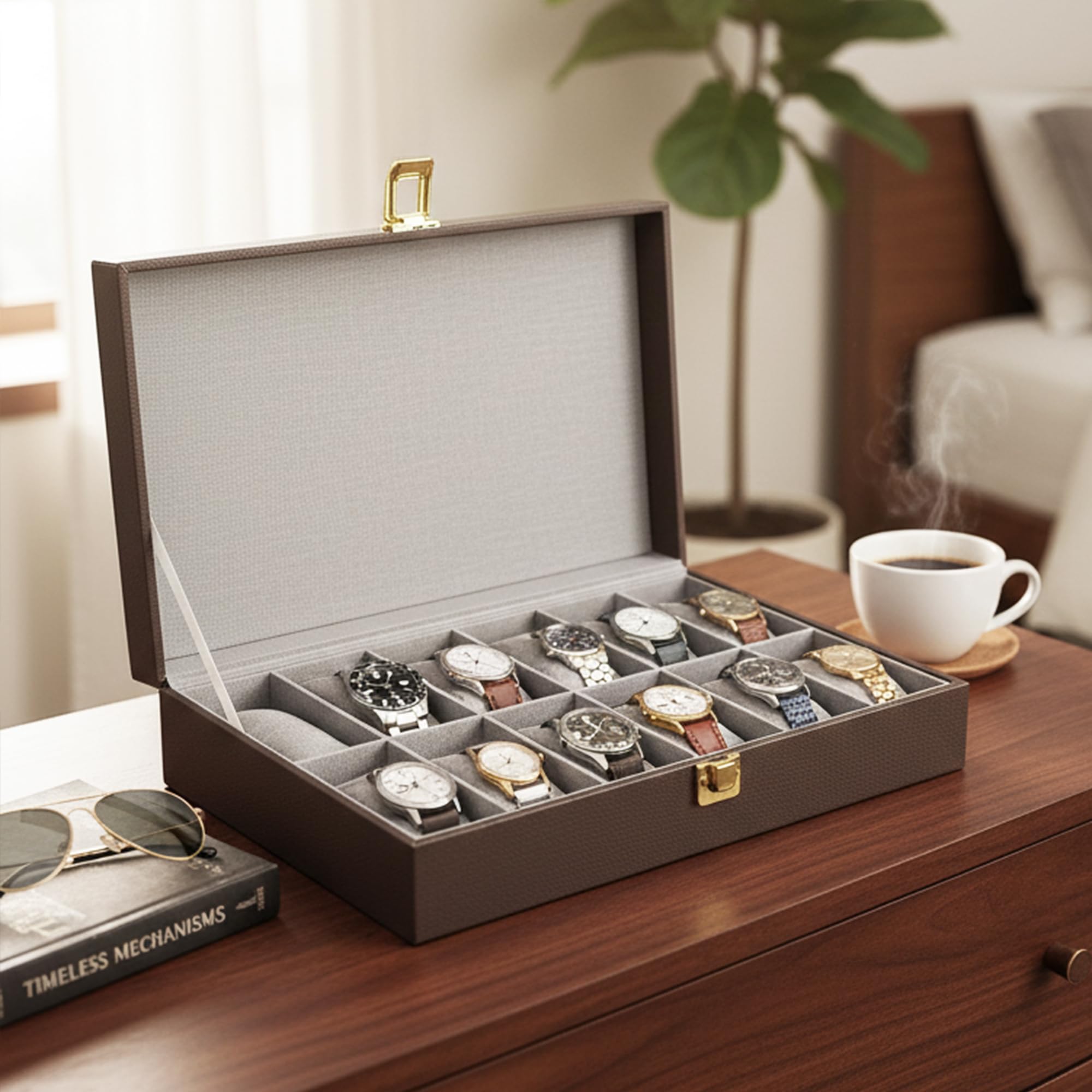 Caja organizadora de relojes unisex de piel sintética MDF con 12 ranuras | Color: marrón