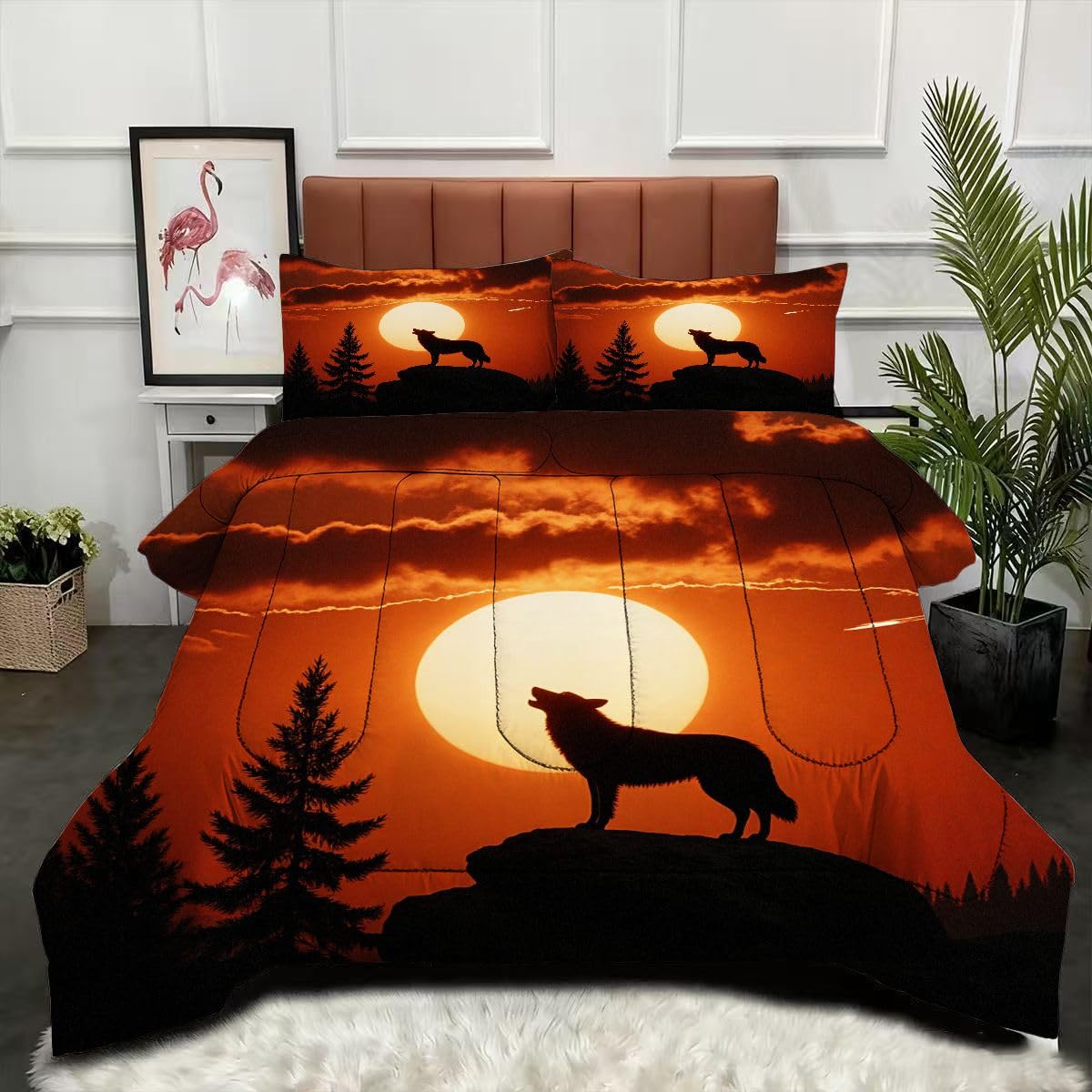 Couette 200x200 3D Loup avec 2 taies d'oreiller en microfibre pour lit 2 personnes