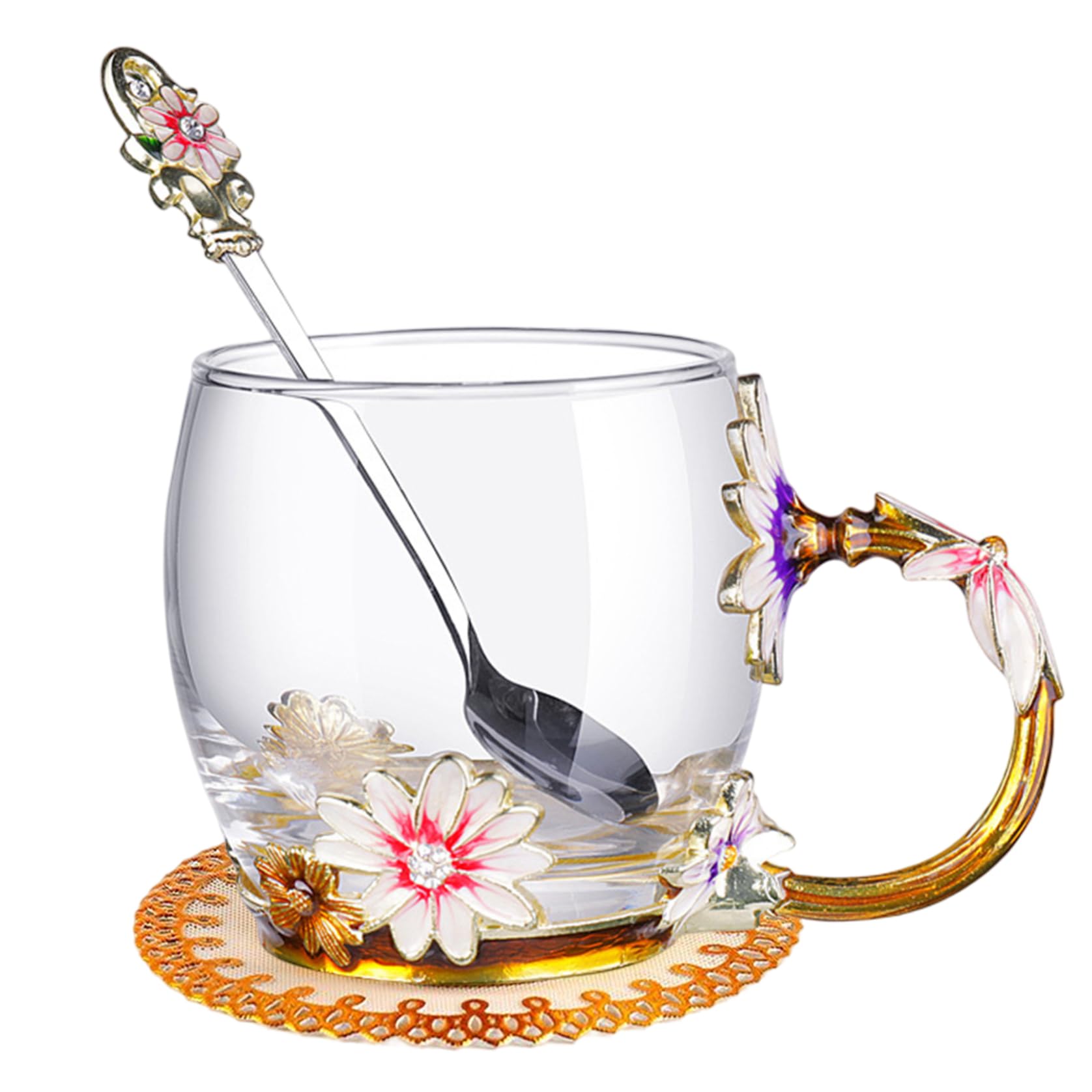 Tasse en verre émaillé transparent au design floral haut de gamme