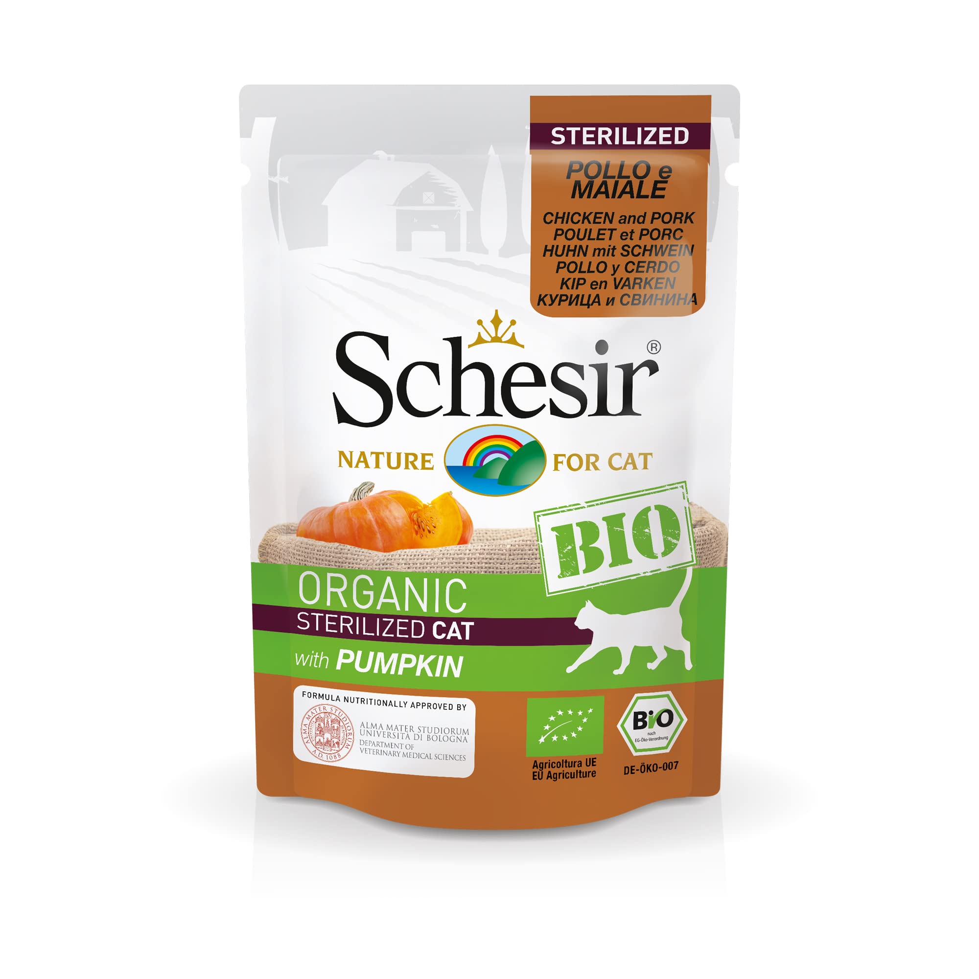 Schesir Bio, Alimento Húmedo Completo para Gatos, Paté De Pollo Y Cerdo con Calabaza, Sin Cereales, En Bolsa, Sin Gluten, 16 X 85 G