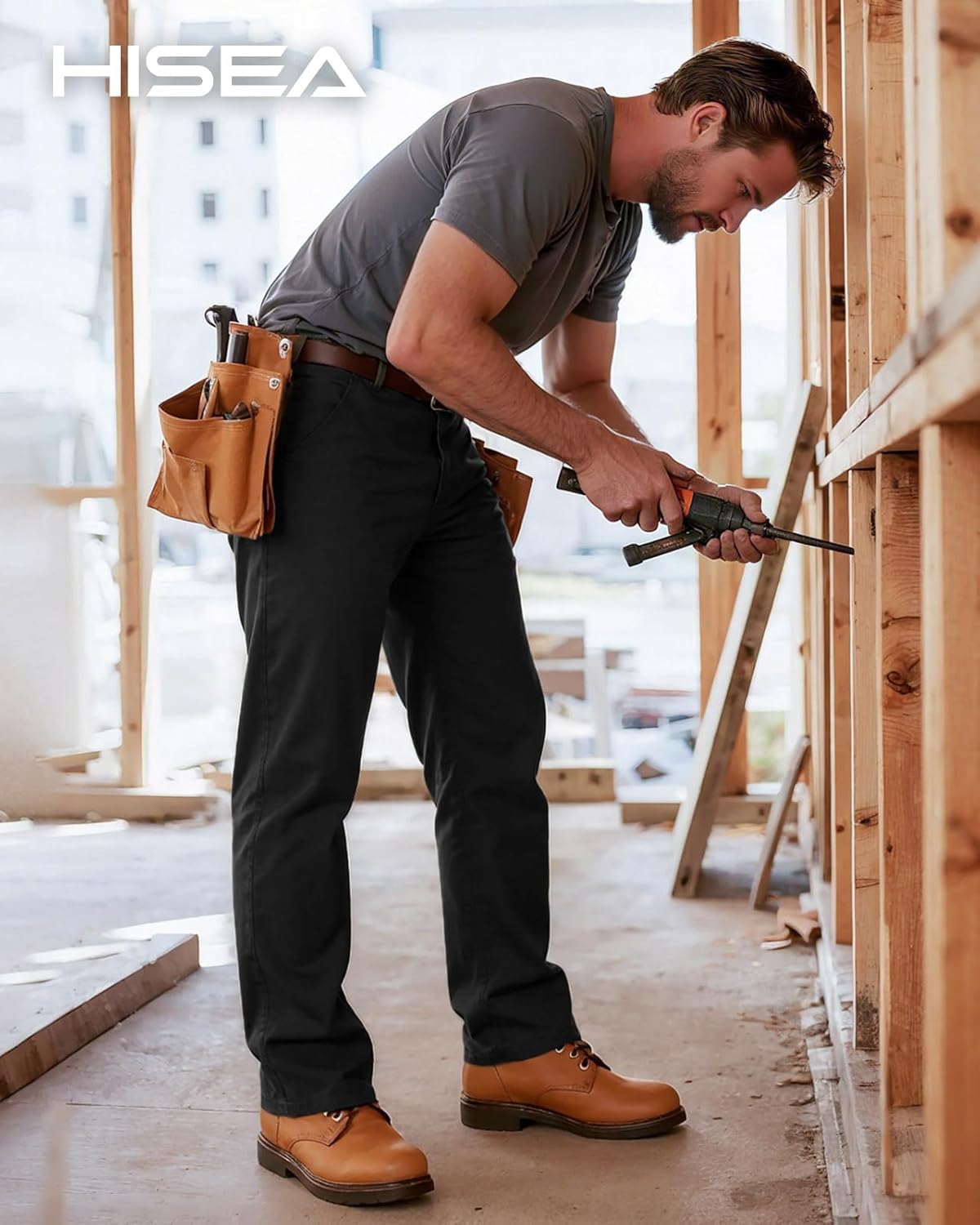 HISEA Flex Work Pants for Men Construction, Mens Stretch Canvas Utility Pants with 7 Pockets - Image 3