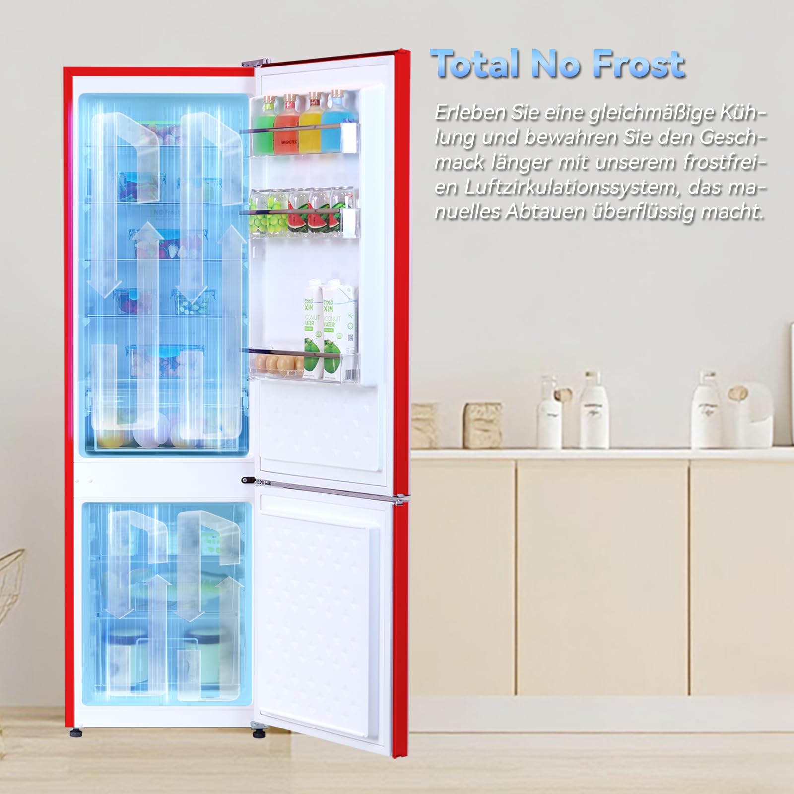 magictec 【Premium】 Retro Kühlschrank Mit Gefrierfach Vintage 179cm,【Total No Frost Plus 】, 236L (168L/68L Gefrierfach) | Kühl Gefrierkombination Freistehend Retro | Elektronische Steuerung | Rot