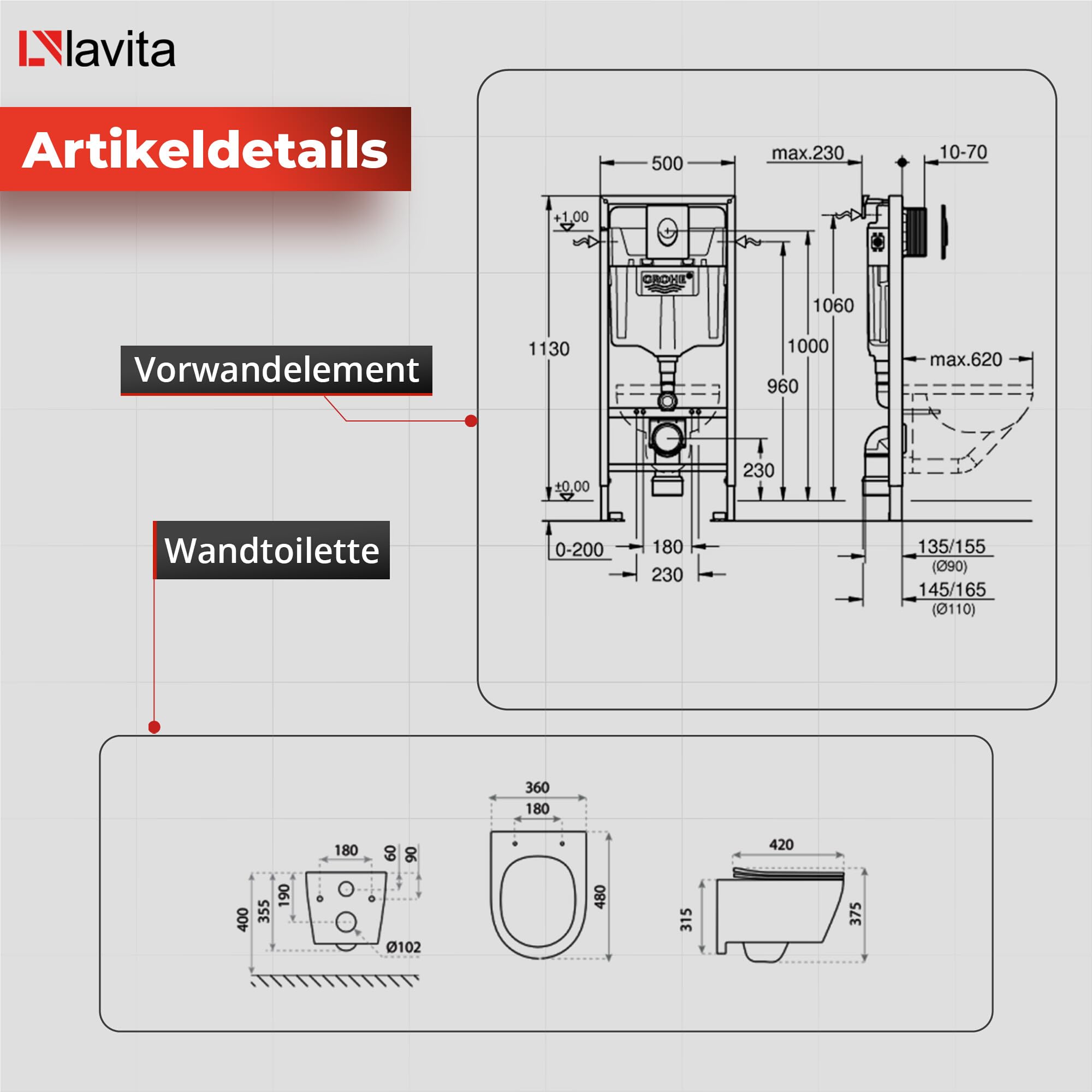 LAVITA Vorwandelement Solido Start + Wand Hänge WC Praia Schwarz Spülrandlos + WC-Sitz SoftClose Verchromter Knopf Komplettset Unterputz Spülkasten Toilette Komplett Sett WC