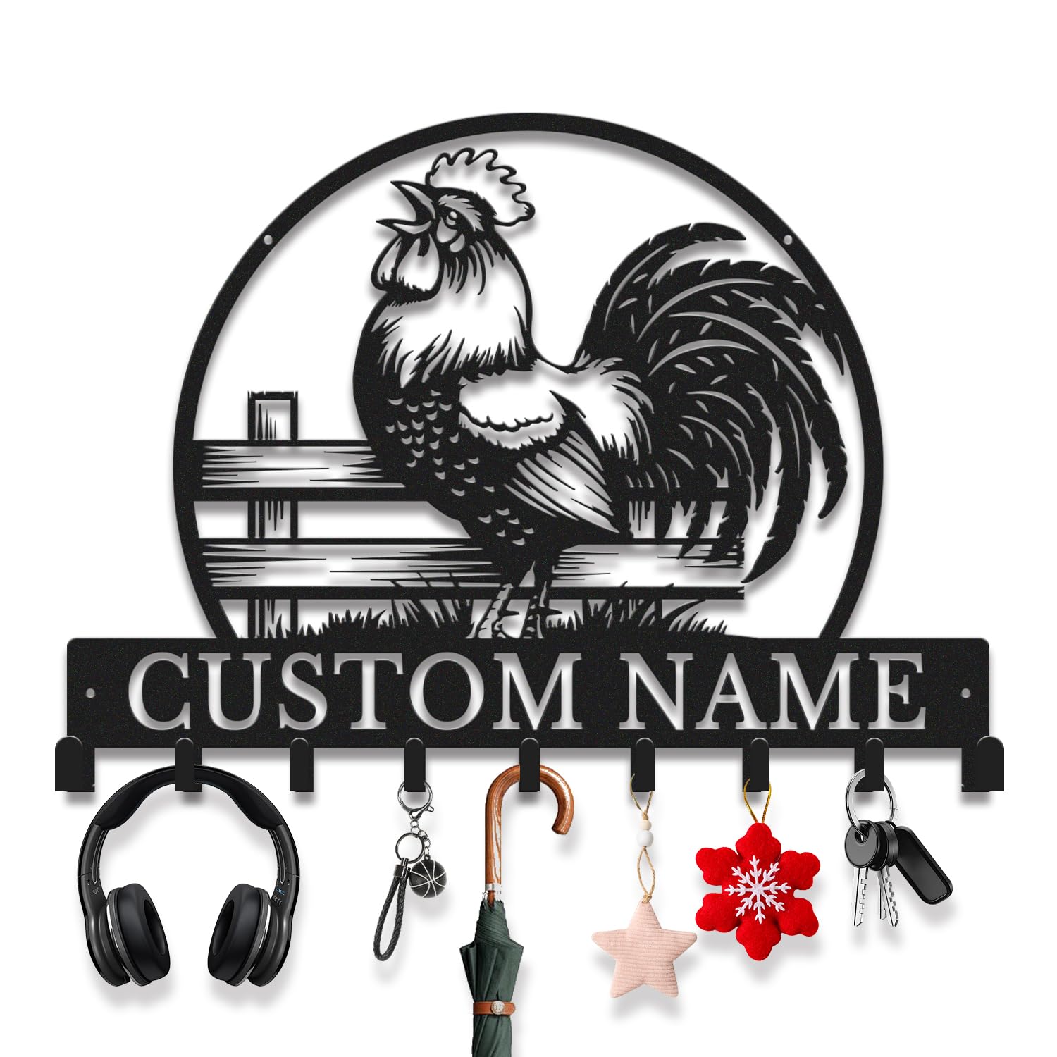 Avalox Style-2 Personalized Chicken Key Holder With Key Hooks – Custom Name Farmhouse Wall Organizer, Rustic Metal Entryway Decor, Country Kitchen Sign, Unique Key Rack For Keys, Leash, Lanyard (Style-2)