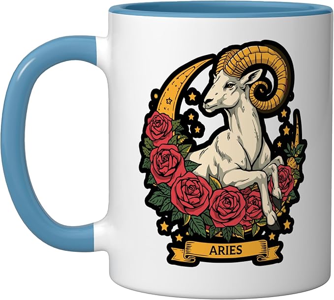 Aries Zodiac Sign Ram Fire Astrology Birthdate Brave Ceramic Mug, Blue/White