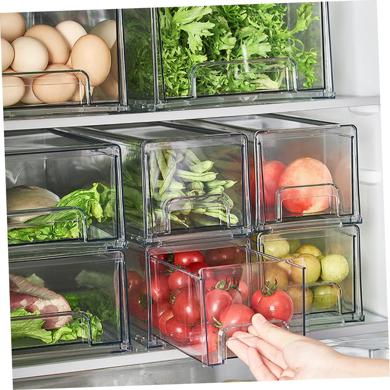Drawer Style Refrigerator Storage Bin 10-Piece Airtight Food Organizer Set for Fruits and Vegetables Stackable Freezer Containers Lids for Kitchen Organization