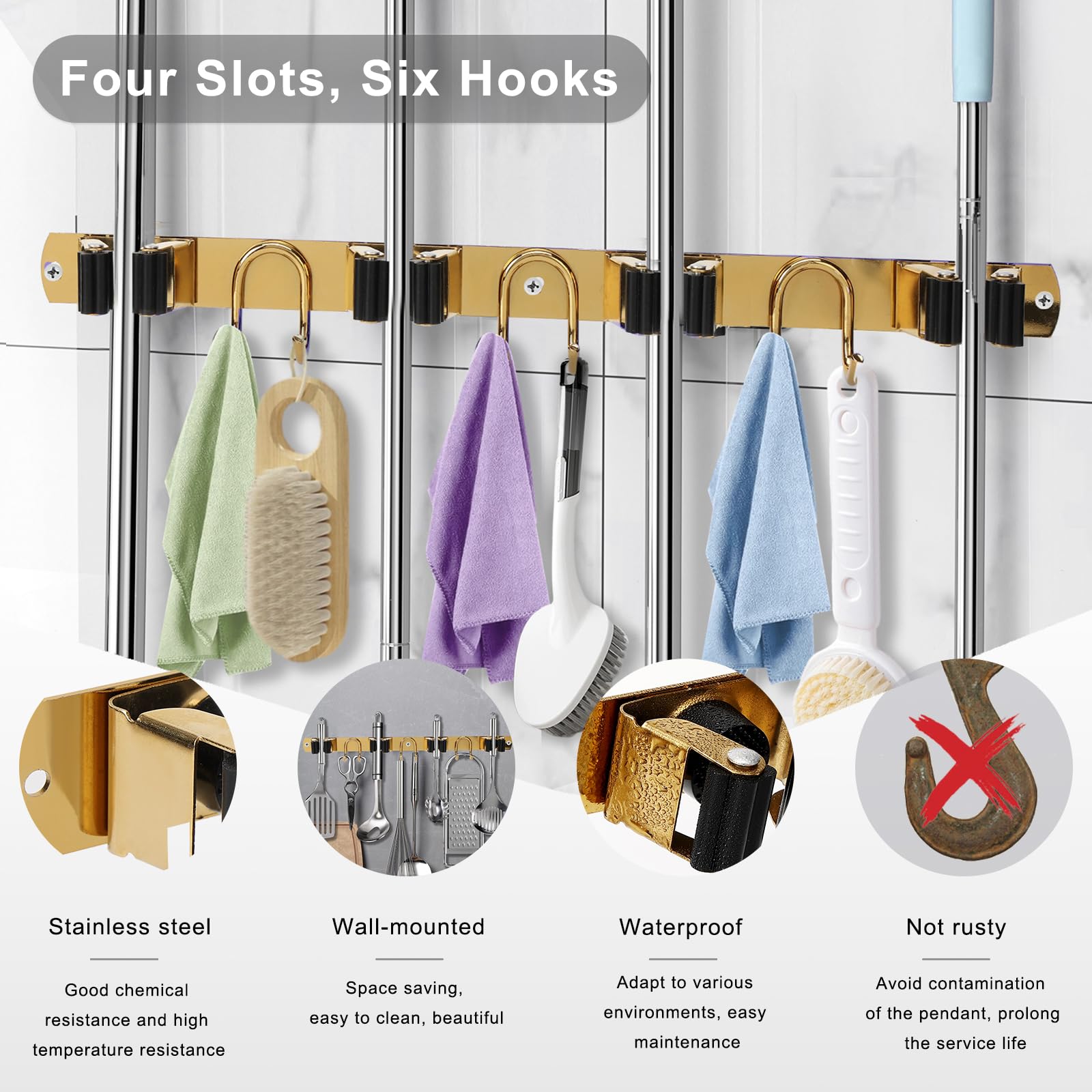 Soporte de pared para escoba, organizador de almacenamiento de herramientas de acero inoxidable dorado para cocina, jardín, garaje, lavandería, baño y caravana, con 4 ranuras, 6 ganchos
