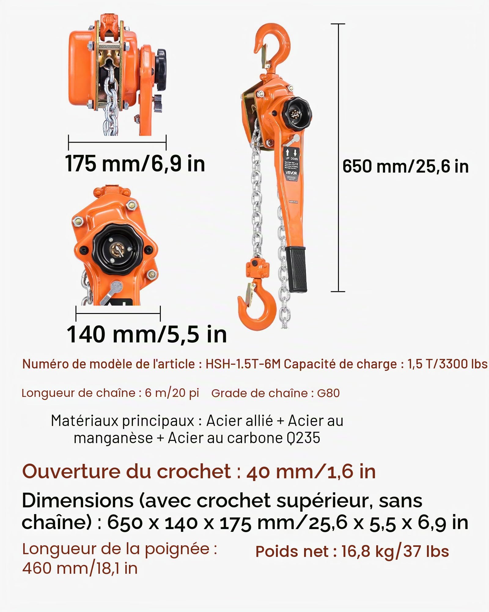 VEVOR Palan à Chaîne à Levier Manuel, Charge 1,5 t, avec Chaîne en Acier Allié G80 6 m, Frein Mécanique à Double Cliquet, Crochets Rotatifs 360°, pour Entrepôts, Chantiers de Construction, Garages