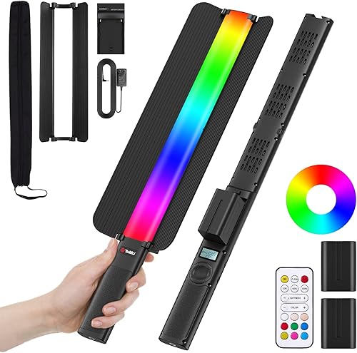 Tolifo Varita de luz LED RGB para fotografía con 2 baterías, barra de luz de video portátil de 20 W con puerta de granero de metal, iluminación