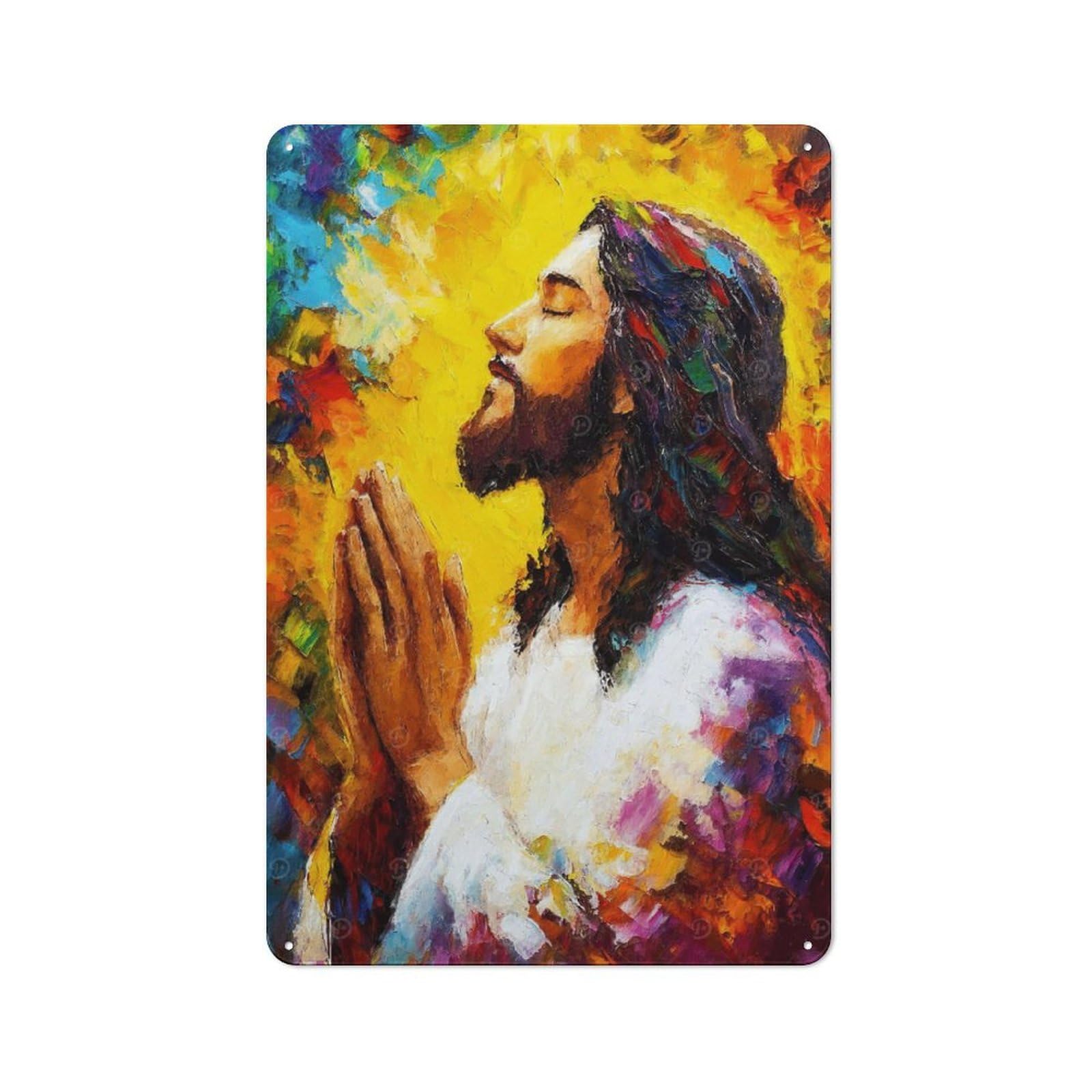 Junmoney Jesus Praying Painting Metal Wall Art Sign With Design 30X20cm, Modern Retro Urban Room Decor For Workspace, Cafe, Hallway Or Garage
