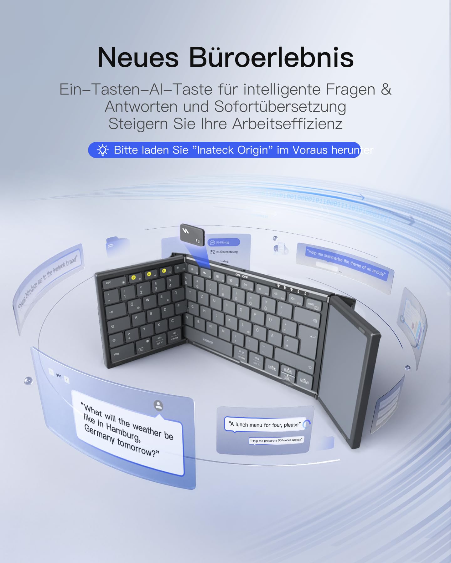 Inateck Faltbare Mini Tastatur, KI-Funktion mit Touchpad,3 Bluetooth-Kanälen, kompatibel mit iPadOS Android, Windows, QWERTZ, KB604