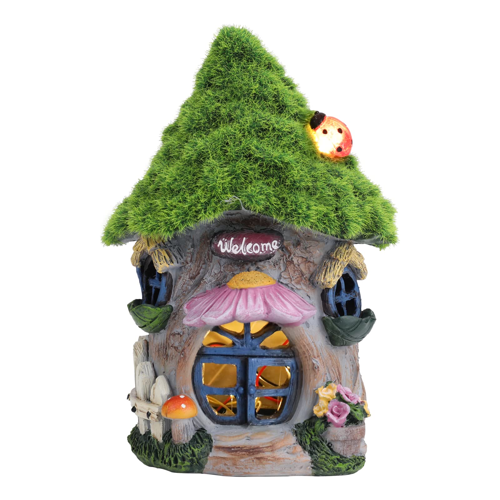 Ovewios Fairy Garden House Decor - Solar Garden Gnomes House Figurines Waterproof Resin Outdoor Statues Flocked Cottage Decorations for Yard Lawn Garden Outside Decor