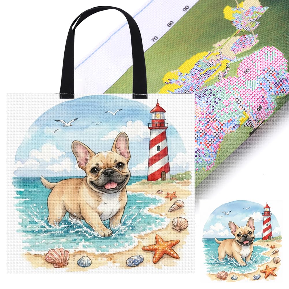 Poetrydraw French Bulldog 11Ct 3 Strands Diy Stamped Canvas Bag Cross Stitch Kits For Beginners Adults Shopping Cross Stitch Art And Crafts Kits 40X40cm (French Bulldog)