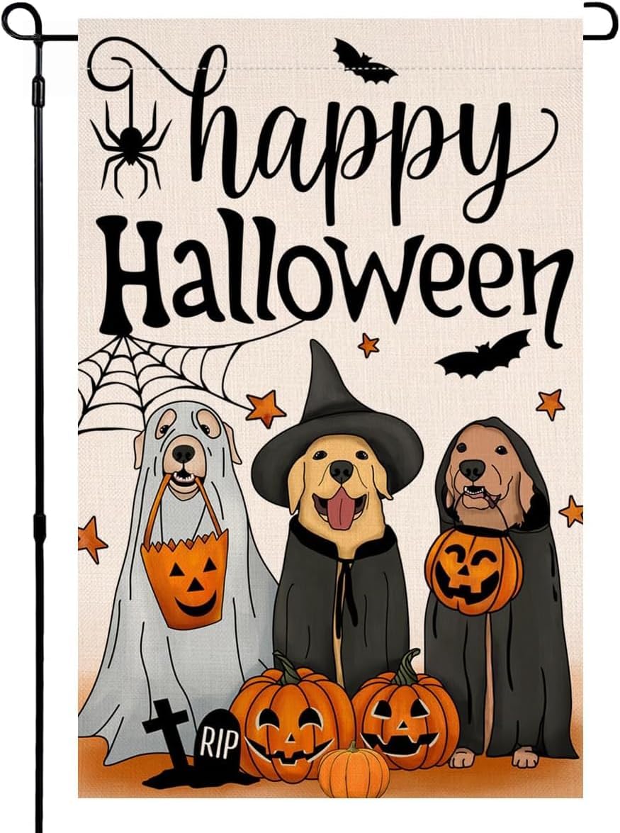 Happy Halloween Dog Pumpkin Garden Flag 12x18 Double Sided for Outside,Golden Retriever Fall Autumn Witch Hat Small Burlap Yard Flag for Outdoor Holiday Home Decor