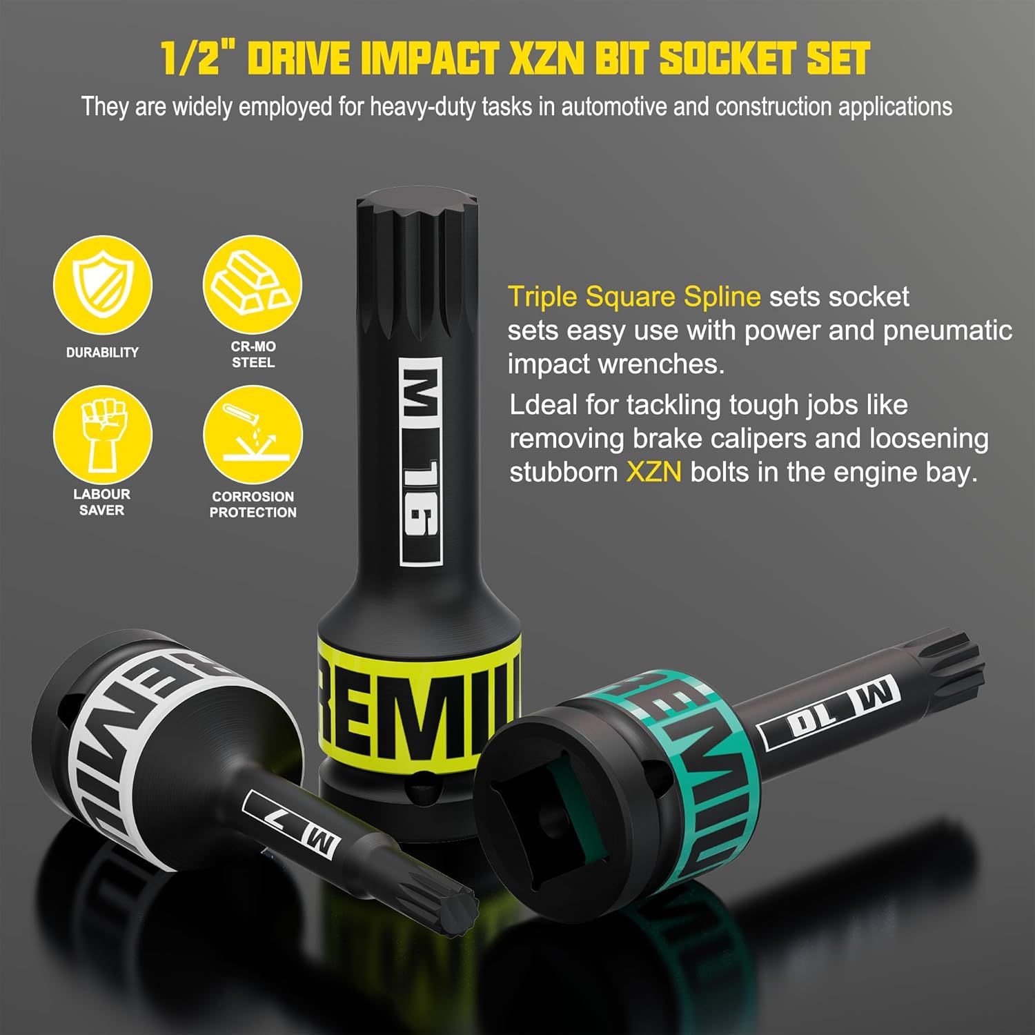 1/2" Drive Impact XZN Bit Socket Set, 10 Piece Impact XZN Triple Square Bit Socket Set, M5 - M18, Cr-Mo Steel, for Fastener Replacement