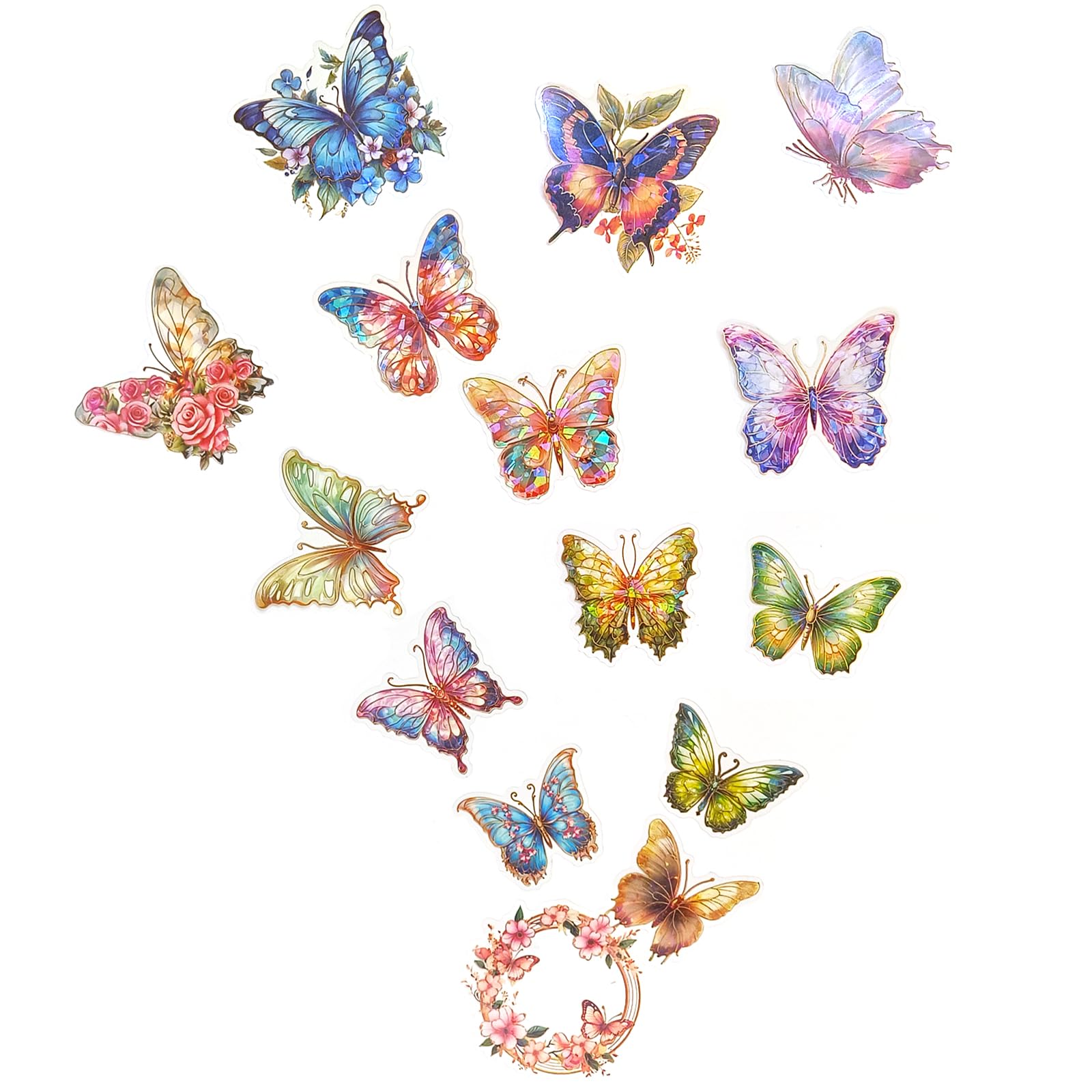 Ychsring Sparkly Floral Butterfly Stickers - 30 Pcs Clear PET Glitter Holographic Stickers for Scrapbook, Journal, Junk Journal, Collage - Waterproof