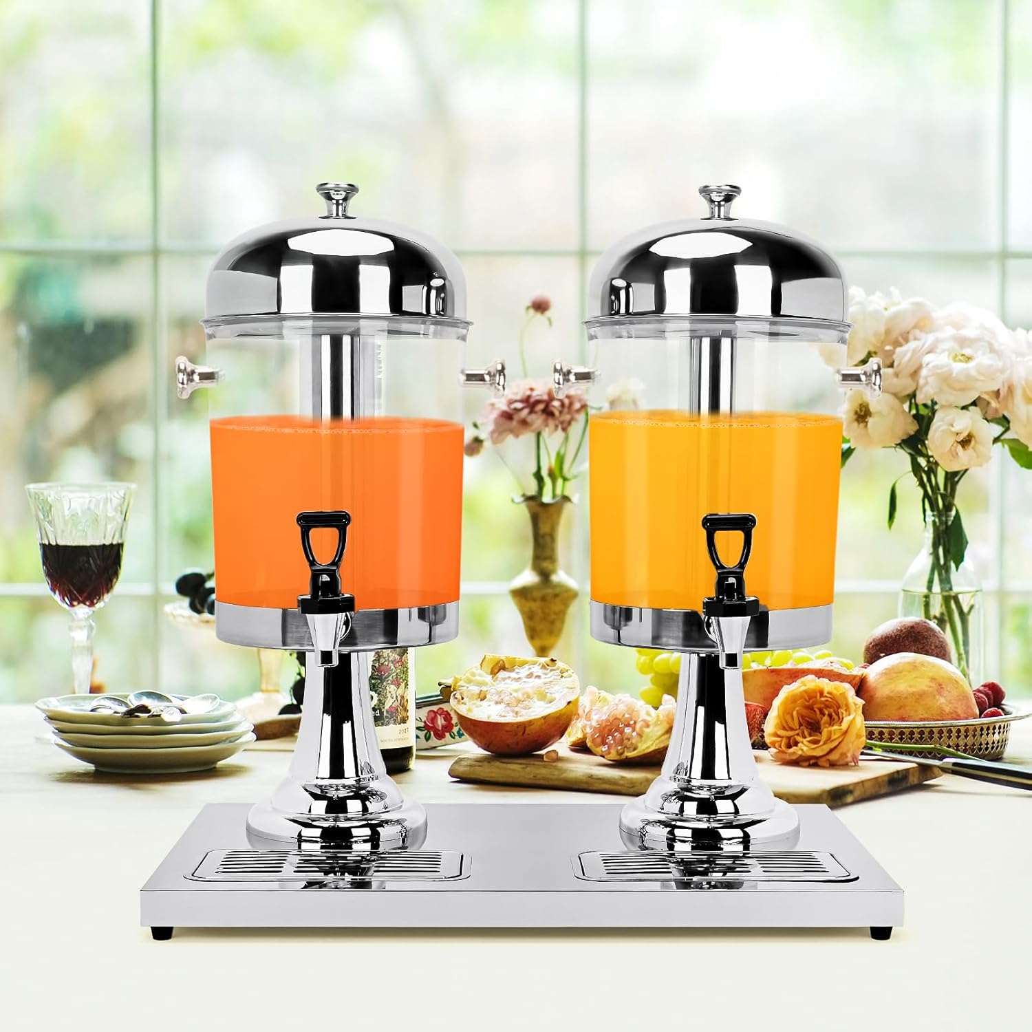 Beverage Dispenser, 4.4 Gallon/16-L Stainless Steel Drink Dispenser, Commercial Beverage Dispenser Cold Drink Dispenser with Centre Ice Core and Stand Drip Trays for Parties Banquets Picnic