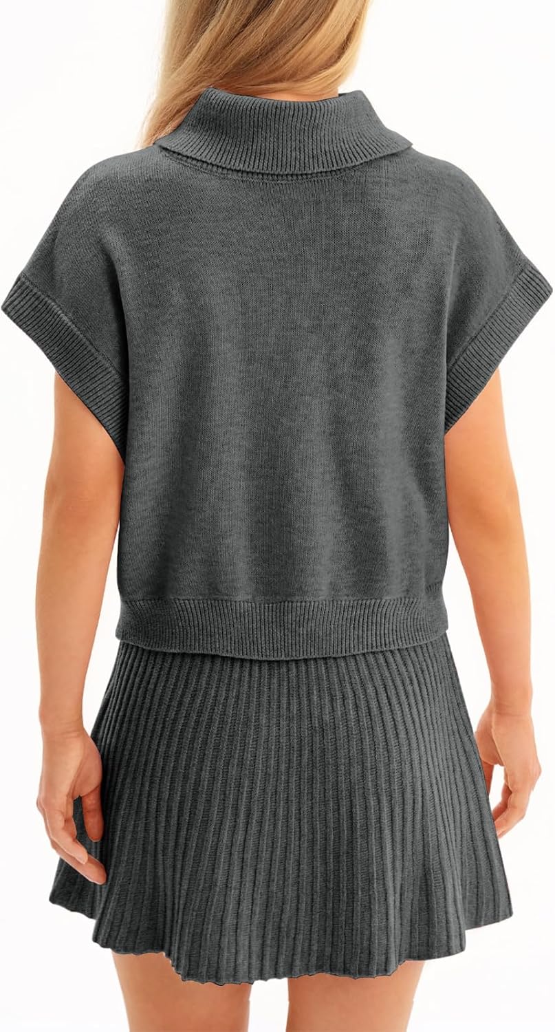 Tankaneo Womens Skirt 2 Piece Sets Sweater Set 2025 Turtleneck Cap Sleeve Crop Top and Pleated Mini Skirt Travel Outfits