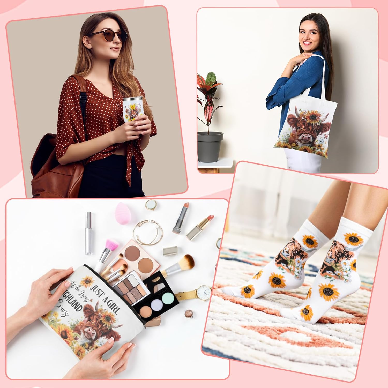 Aliceset 66 Pcs Highland Cow Gift Set for Women Include Highland Cow Print Bag Cosmetic Bag 20 oz Wine Tumbler Stainless Steel Tumbler Cute Socks Keychain Stickers Pen for Farm Animal Lovers - Image 5