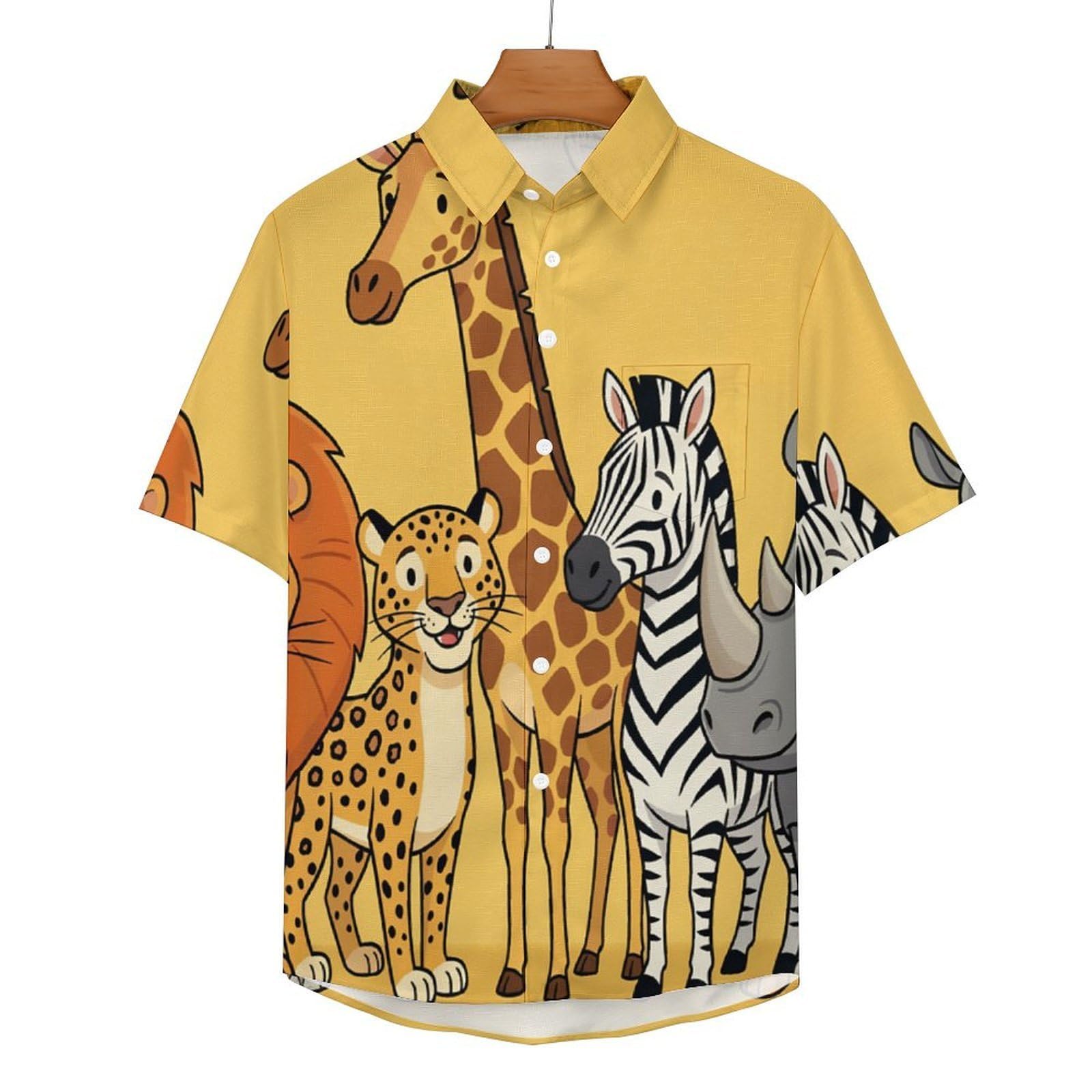 Camicie da Uomo a Maniche Corte con Stampa della Animali dello Zoo Cartoni Animati, Casual Leggere Bottoni Camicia con Tasca Frontale, per Vacanze Spiaggia Estate