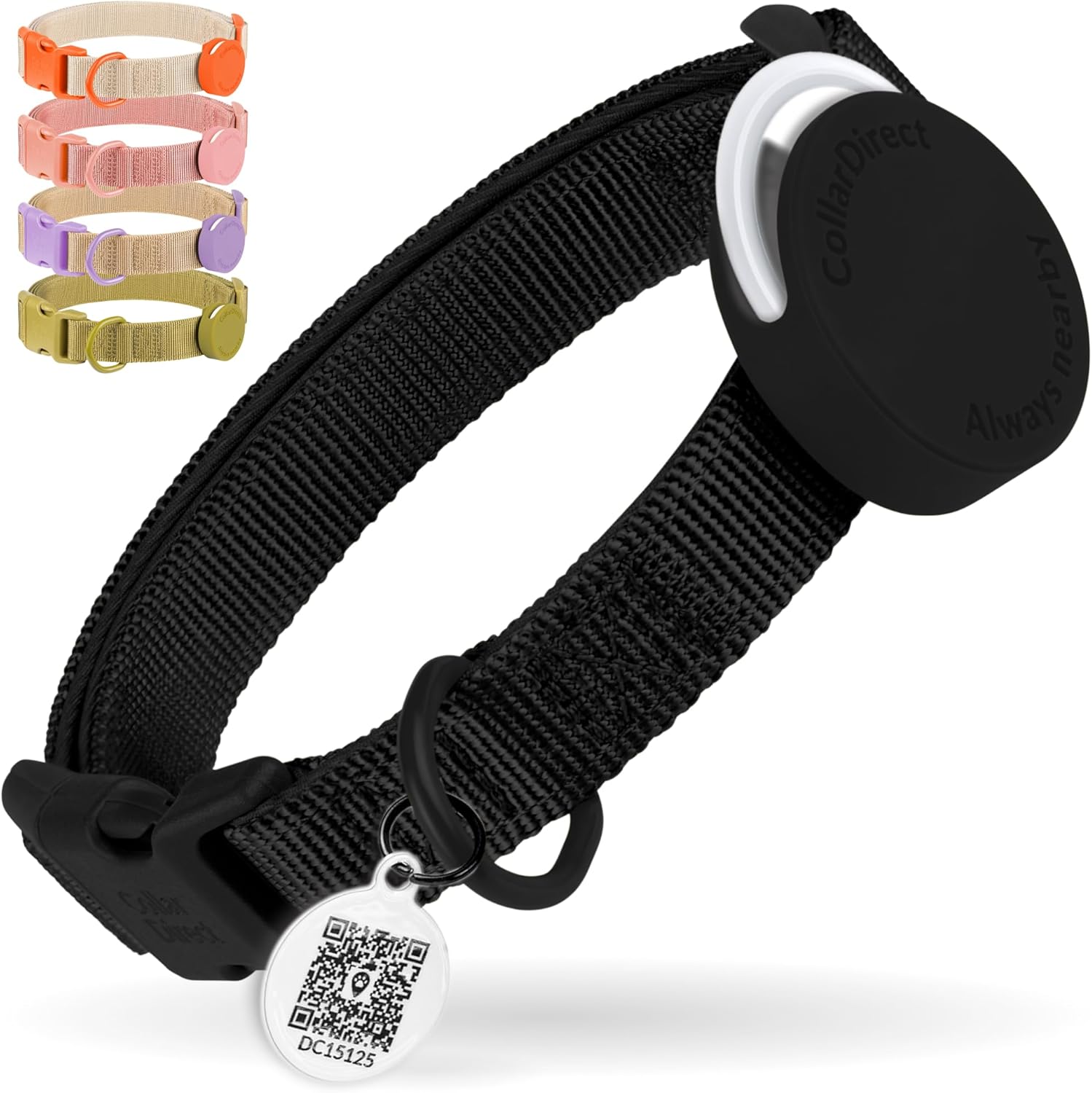 CollarDirect Airtag Nylon Dog Collar Silicon Holder Designed for Apple Airtag with QR Tags Personalized Dogs Puppies 5 Colors Black Pink Violet Green Orange (Black, XS)