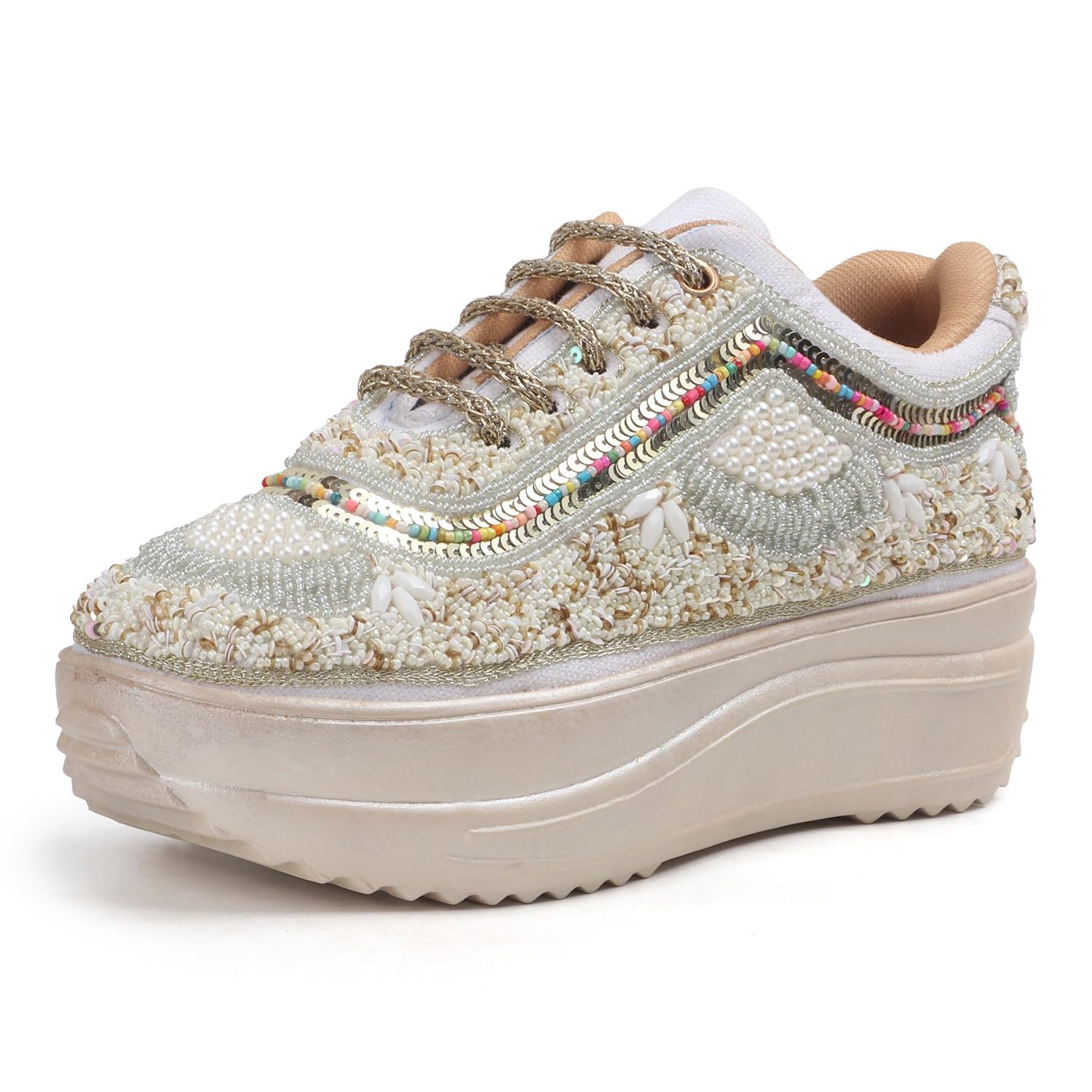 vendoz Women Hand Embroidery Wedding Party Bridal Floral High Heel Sneakers I Cushioned Insole I Comfortable Wear Wedge Shoes I for Ladies and Girls-picture-54