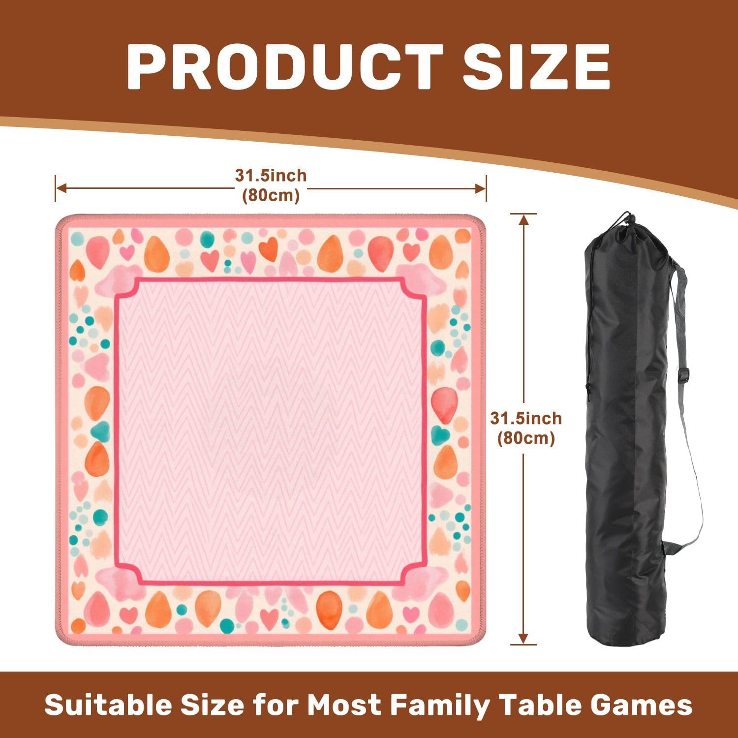 Mahjong Mat with Carrying Bag 31.5" x 31.5" Non-Slip Noise Reduction Colorful Abstract Floral Pink Frame Geometric Center Table Mat for Mahjong Poker Dominoes Card Board Tile Games