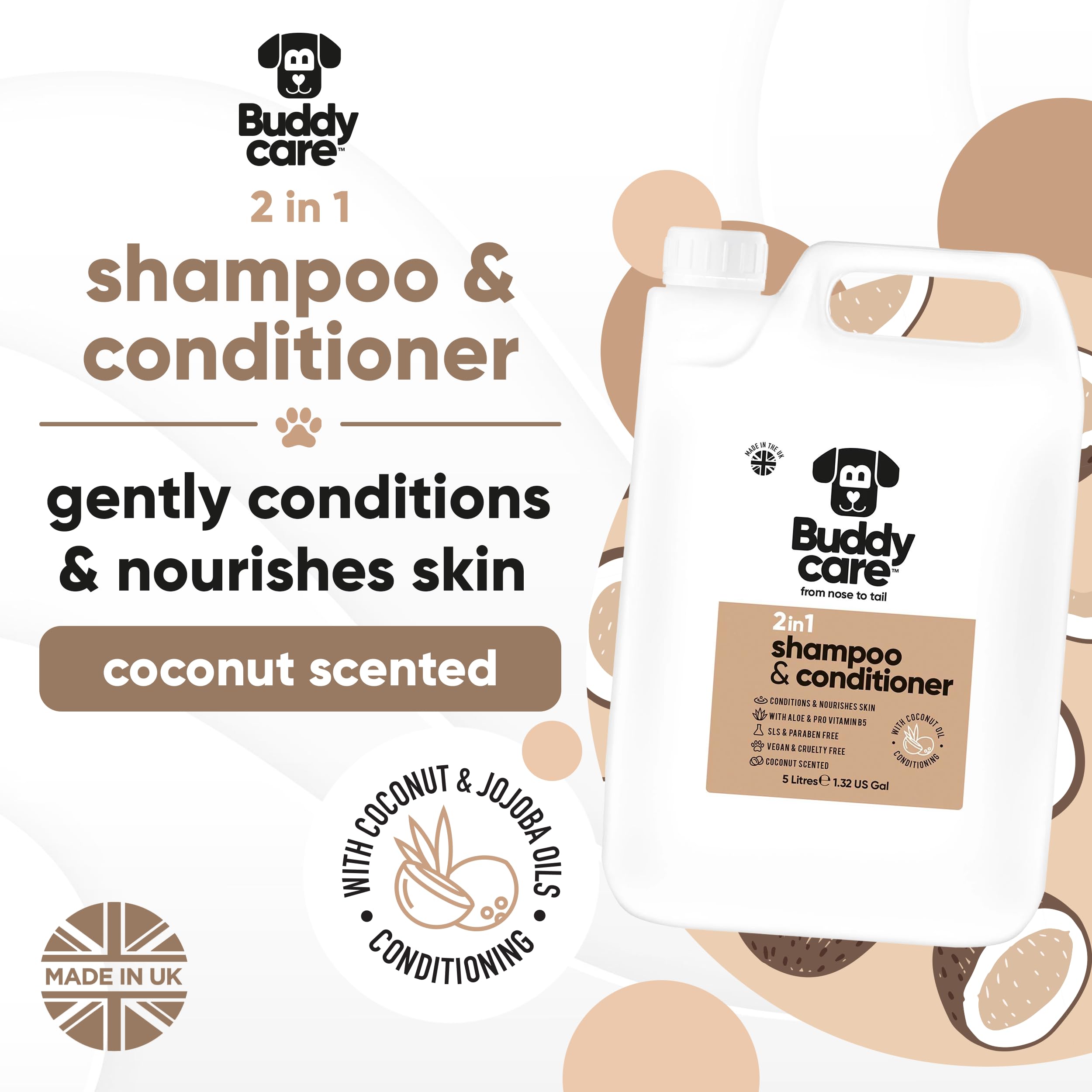 Buddycare Shampoo e balsamo per cani | Al Profumo Di Cocco | Con Aloe Vera e Pro Vitamina B5, 2 in 1, 5L